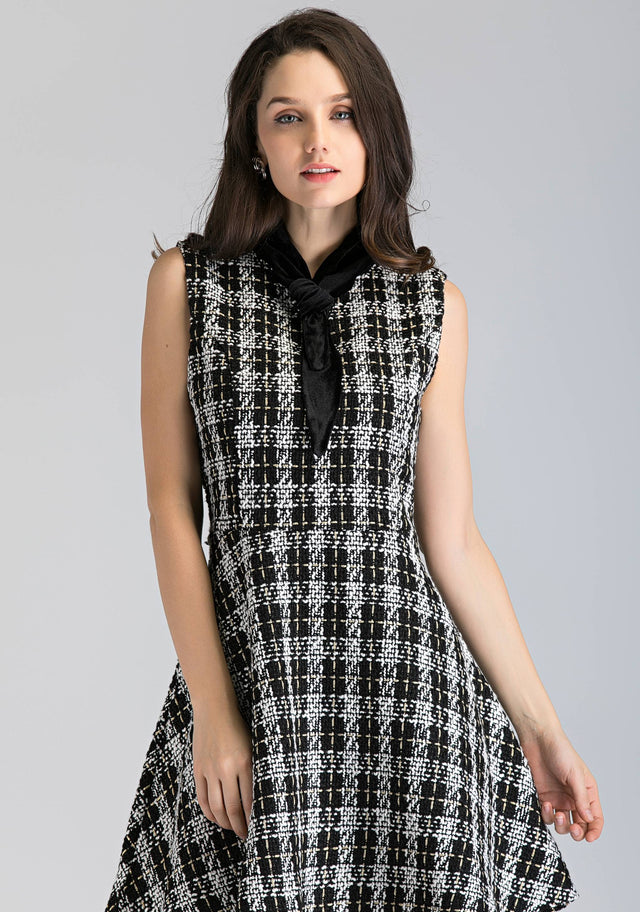 Black and White Tweed Sleeveless Midi Dress - ownthelooks-Development