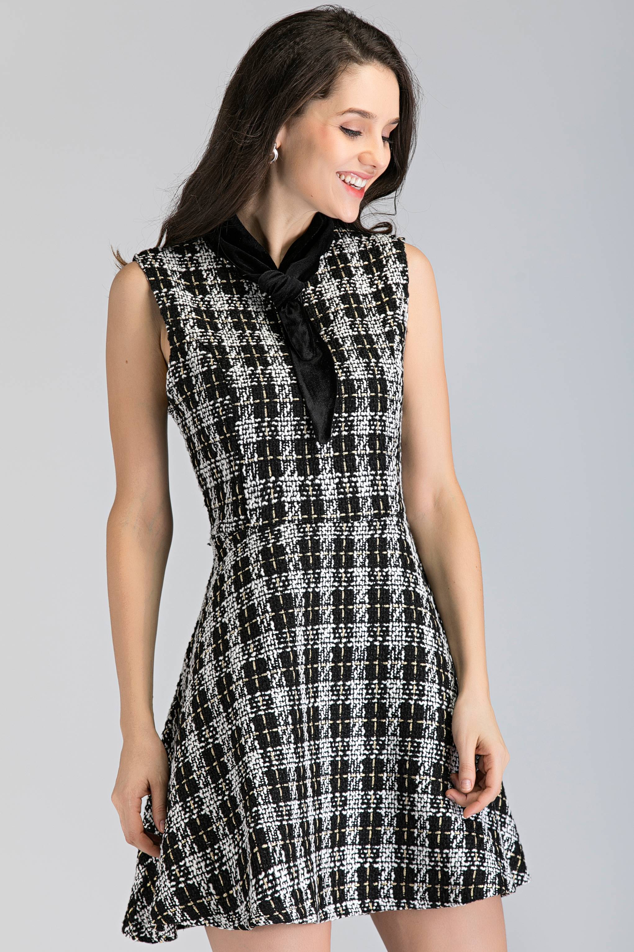 Black and White Tweed Sleeveless Midi Dress - ownthelooks-Development