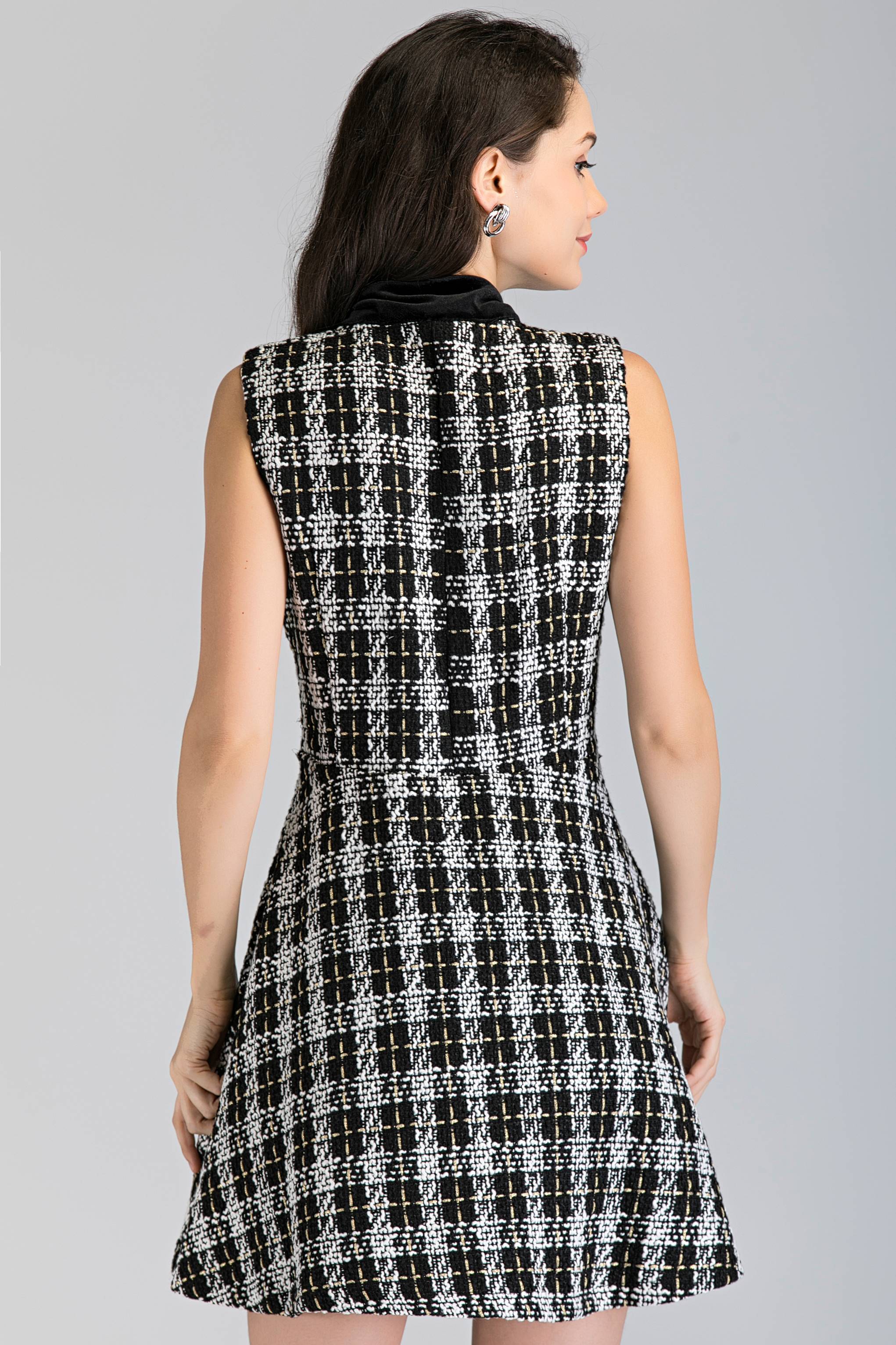 Black and White Tweed Sleeveless Midi Dress - ownthelooks-Development