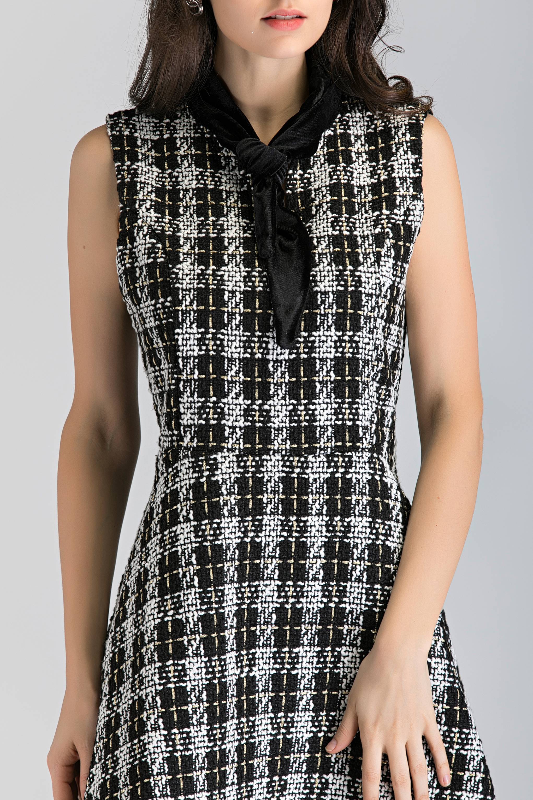 Black and White Tweed Sleeveless Midi Dress - ownthelooks-Development