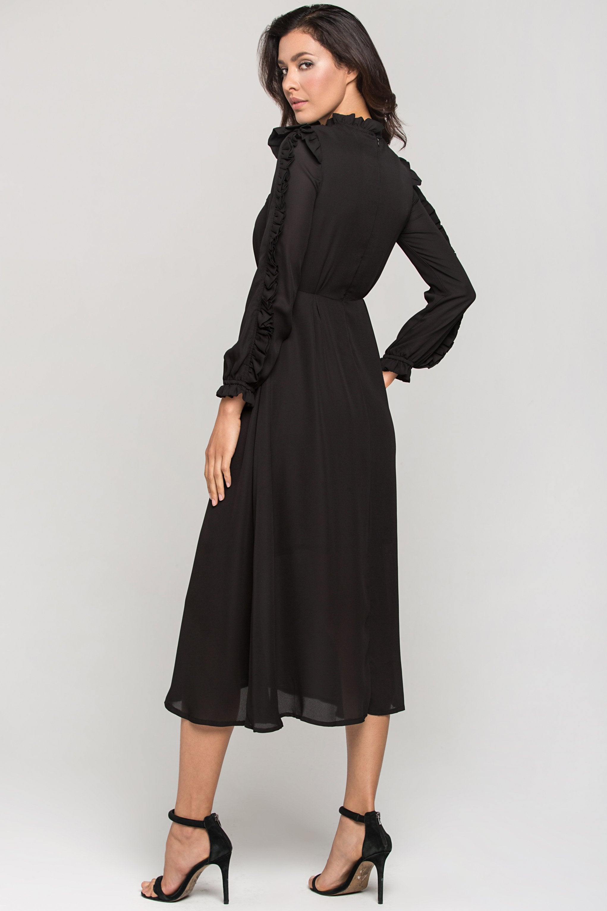 Black Vintage Ruffle Neck Long Sleeves Midi Dress - ownthelooks-Development