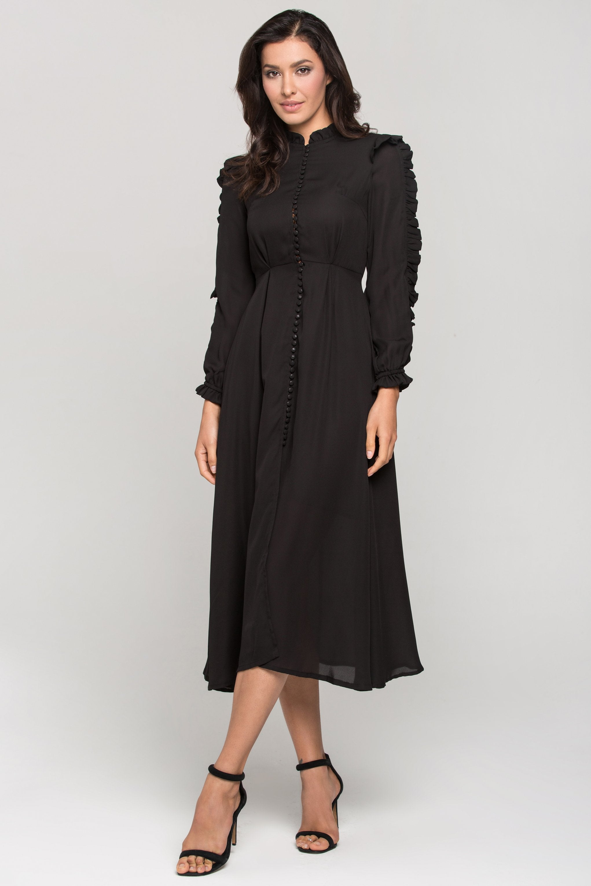Black Vintage Ruffle Neck Long Sleeves Midi Dress - ownthelooks-Development