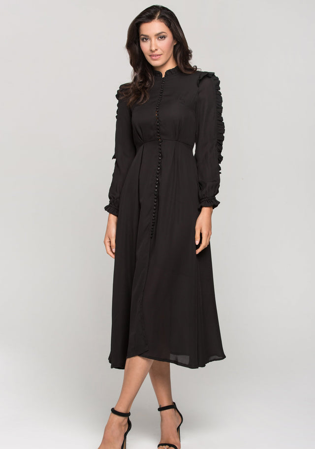 Black Vintage Ruffle Neck Long Sleeves Midi Dress - ownthelooks-Development
