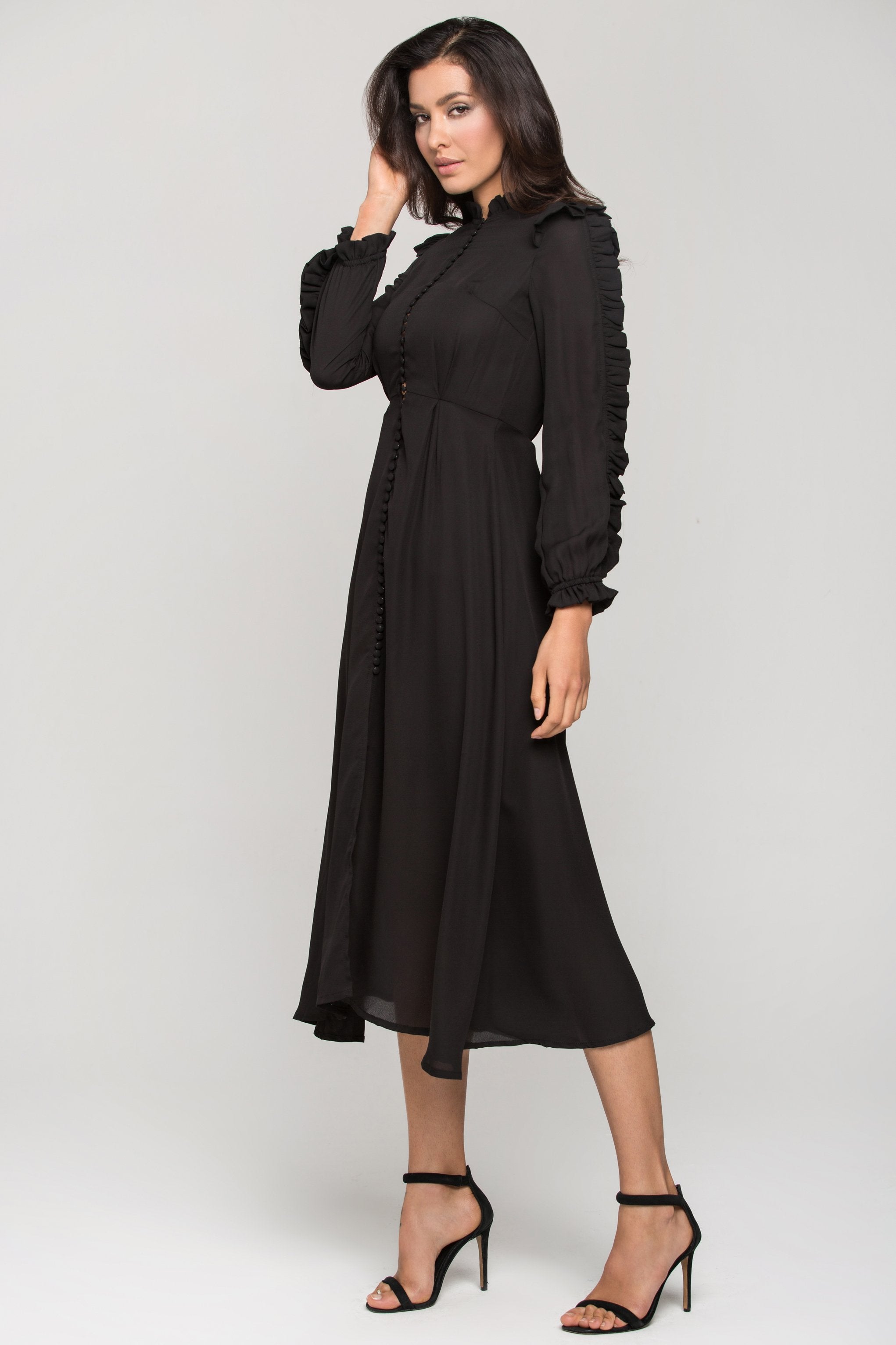 Black Vintage Ruffle Neck Long Sleeves Midi Dress - ownthelooks-Development
