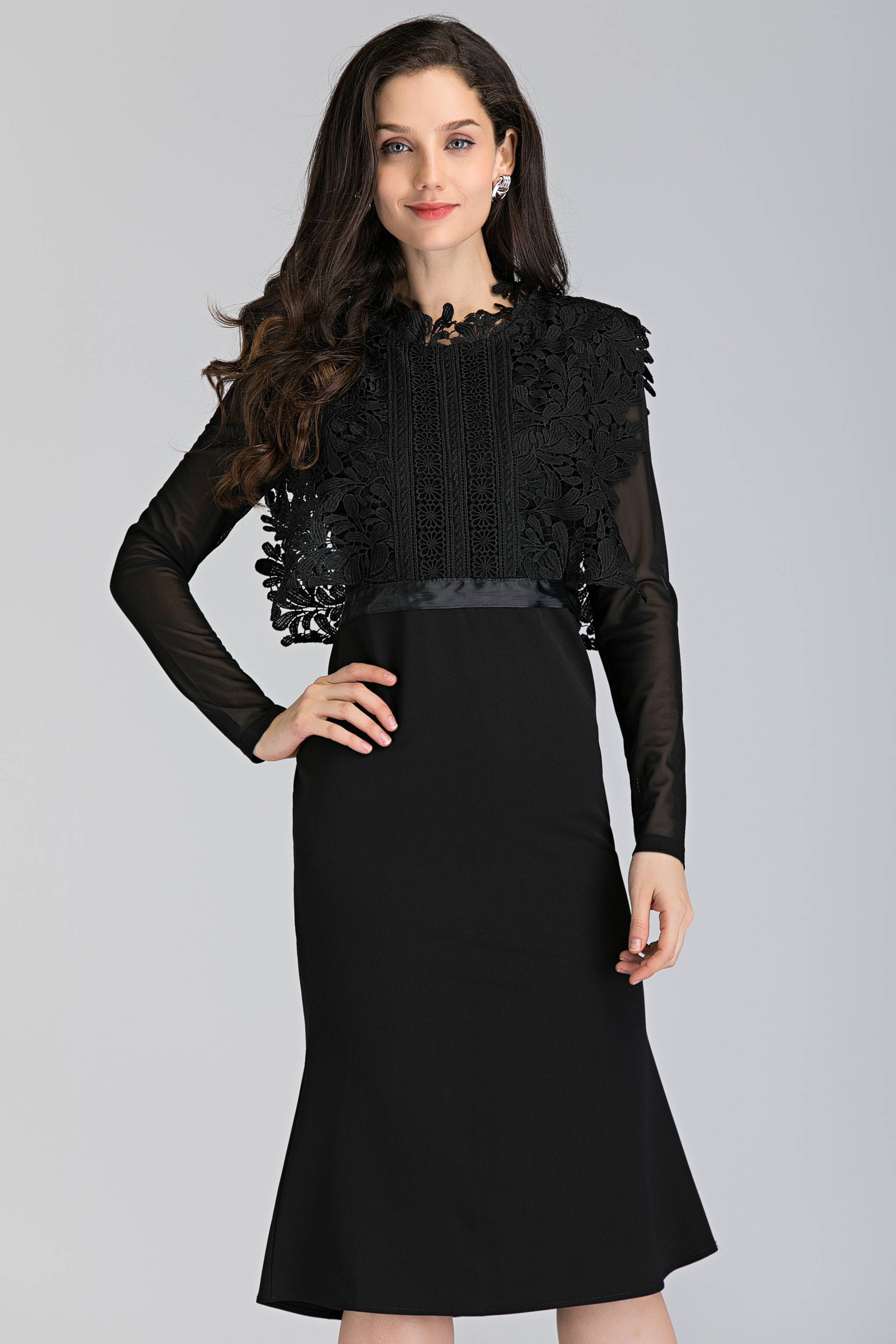 Black Sheer Sleeves Heavy Lace Midi Dress - ownthelooks-Development