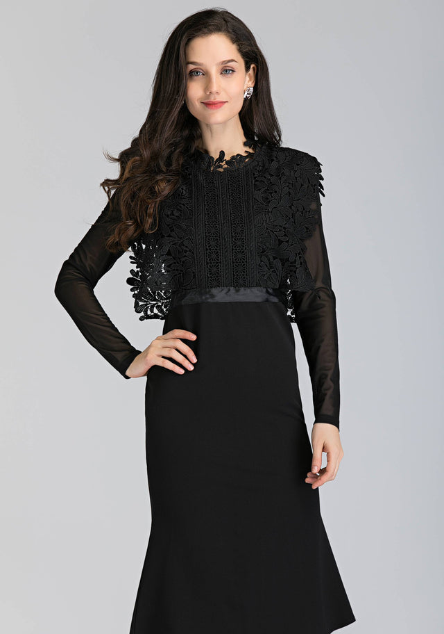 Black Sheer Sleeves Heavy Lace Midi Dress - ownthelooks-Development