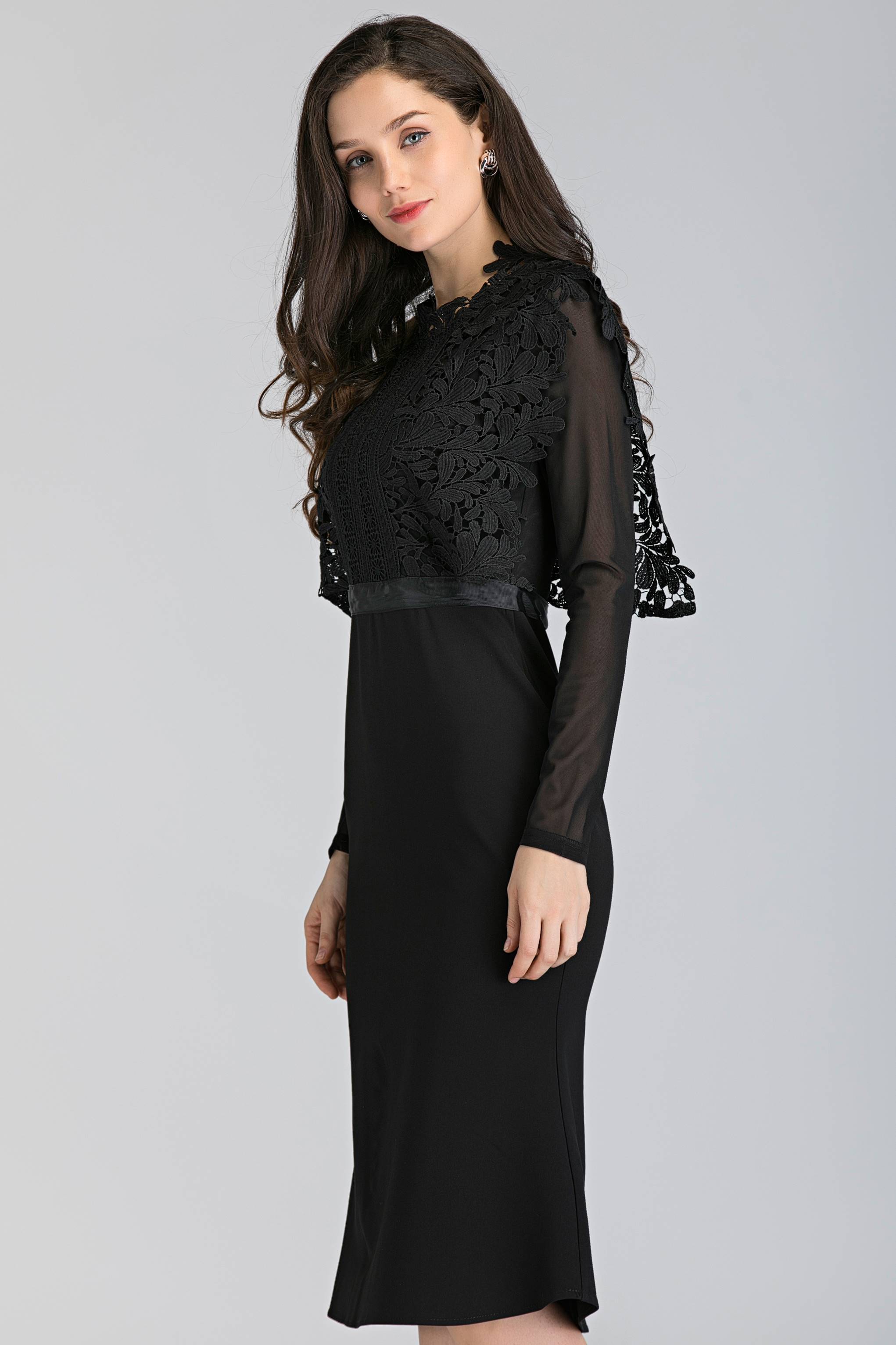 Black Sheer Sleeves Heavy Lace Midi Dress - ownthelooks-Development