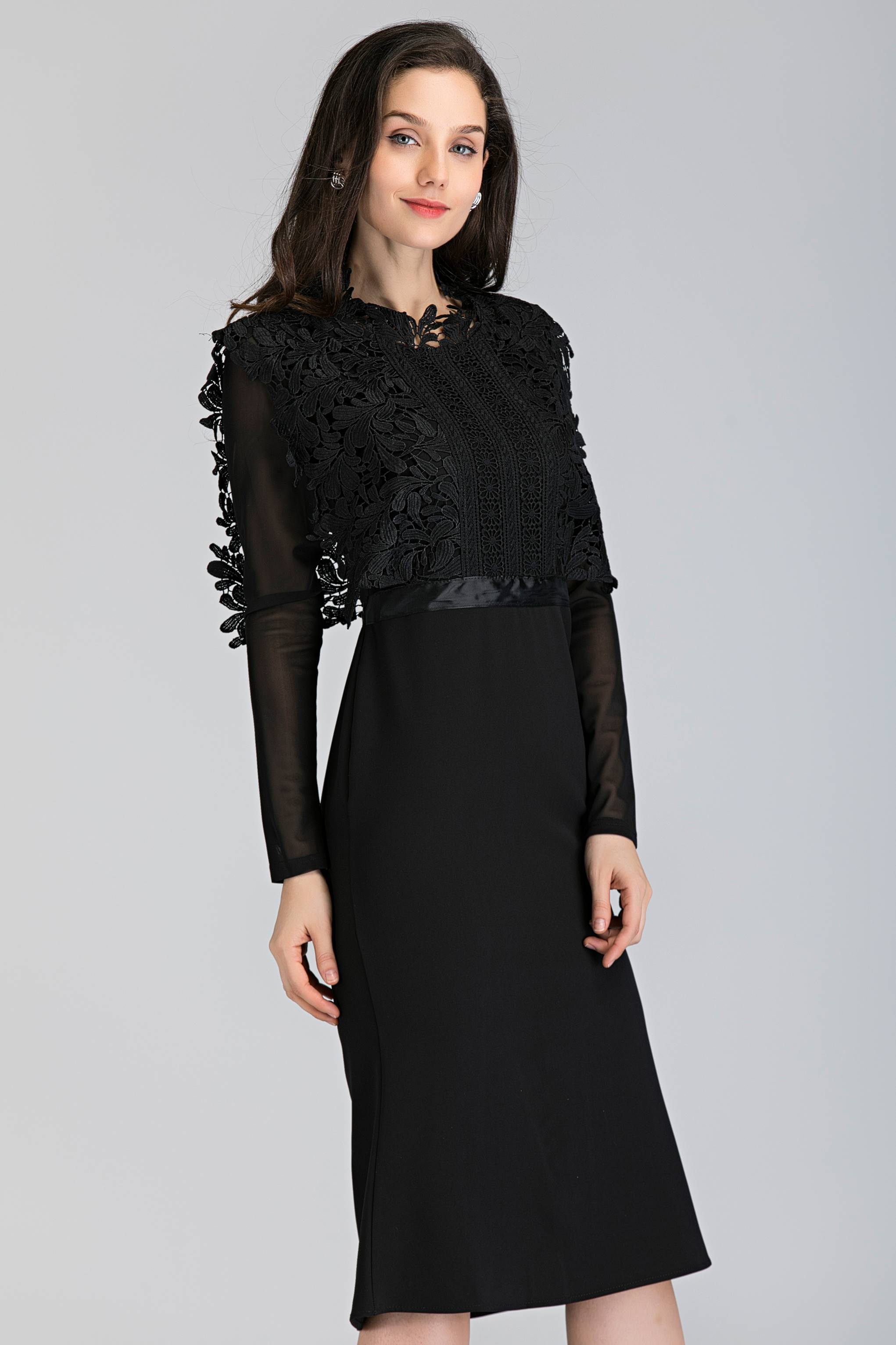 Black Sheer Sleeves Heavy Lace Midi Dress - ownthelooks-Development