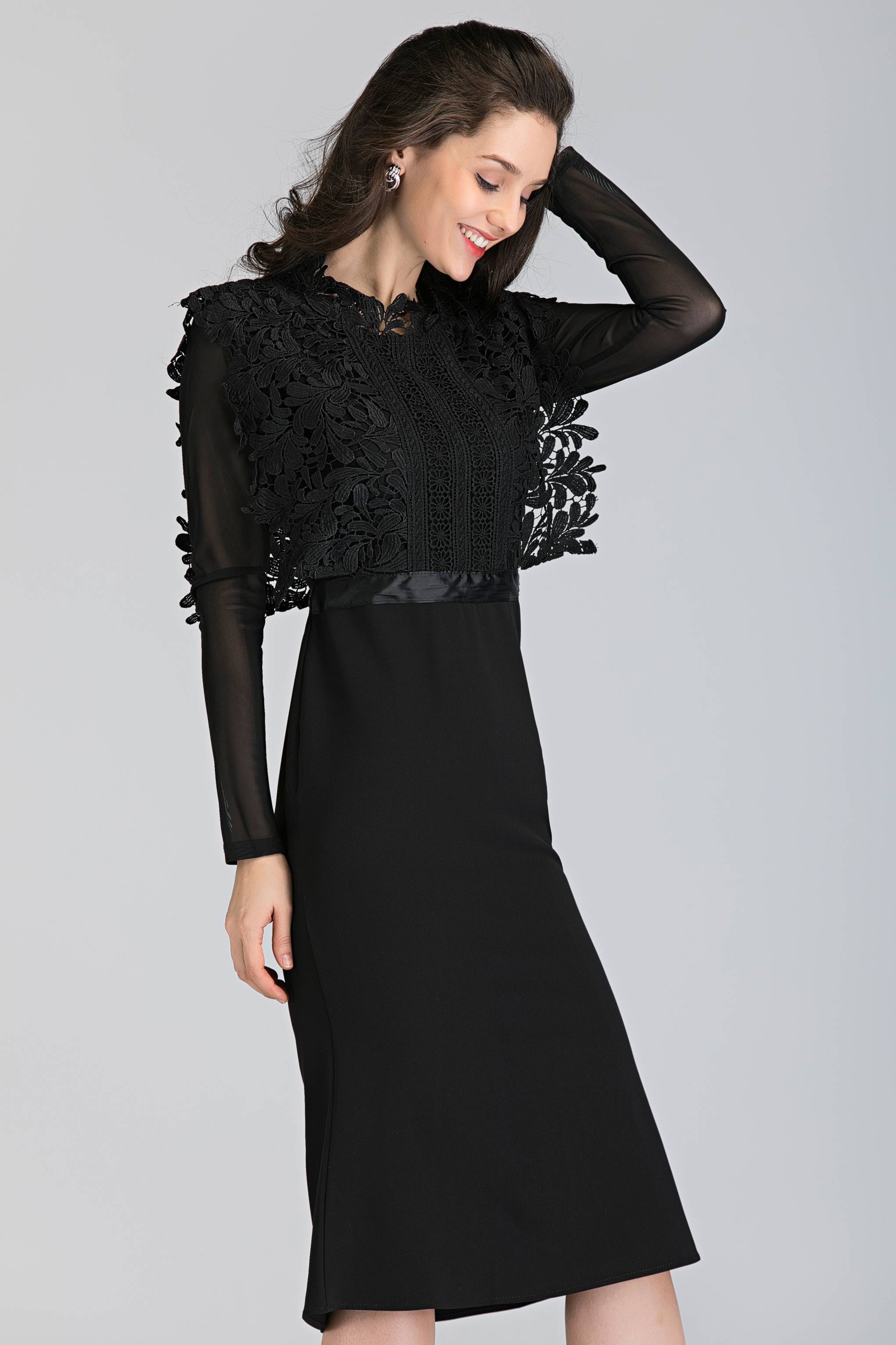 Black Sheer Sleeves Heavy Lace Midi Dress - ownthelooks-Development