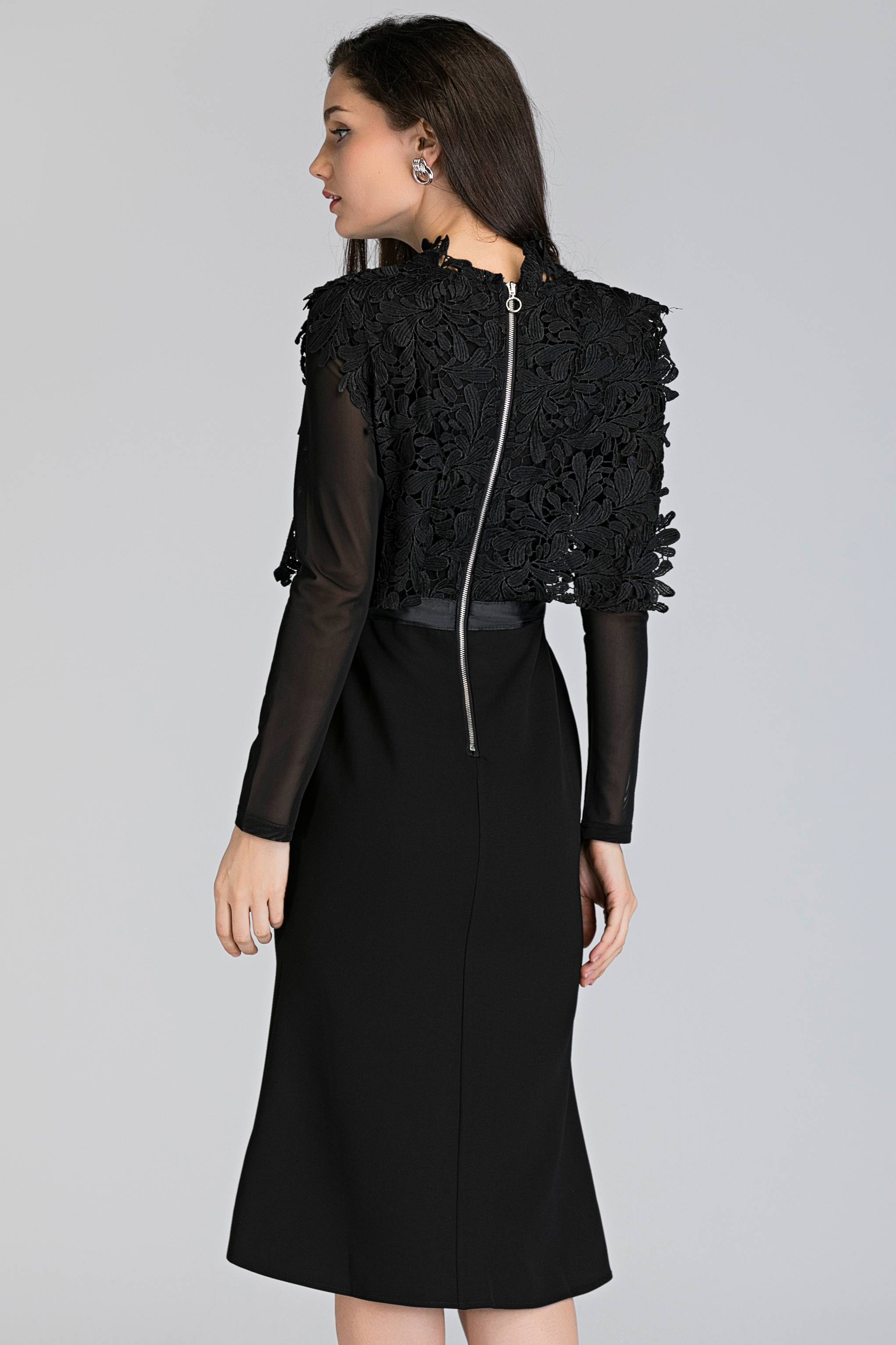 Black Sheer Sleeves Heavy Lace Midi Dress - ownthelooks-Development