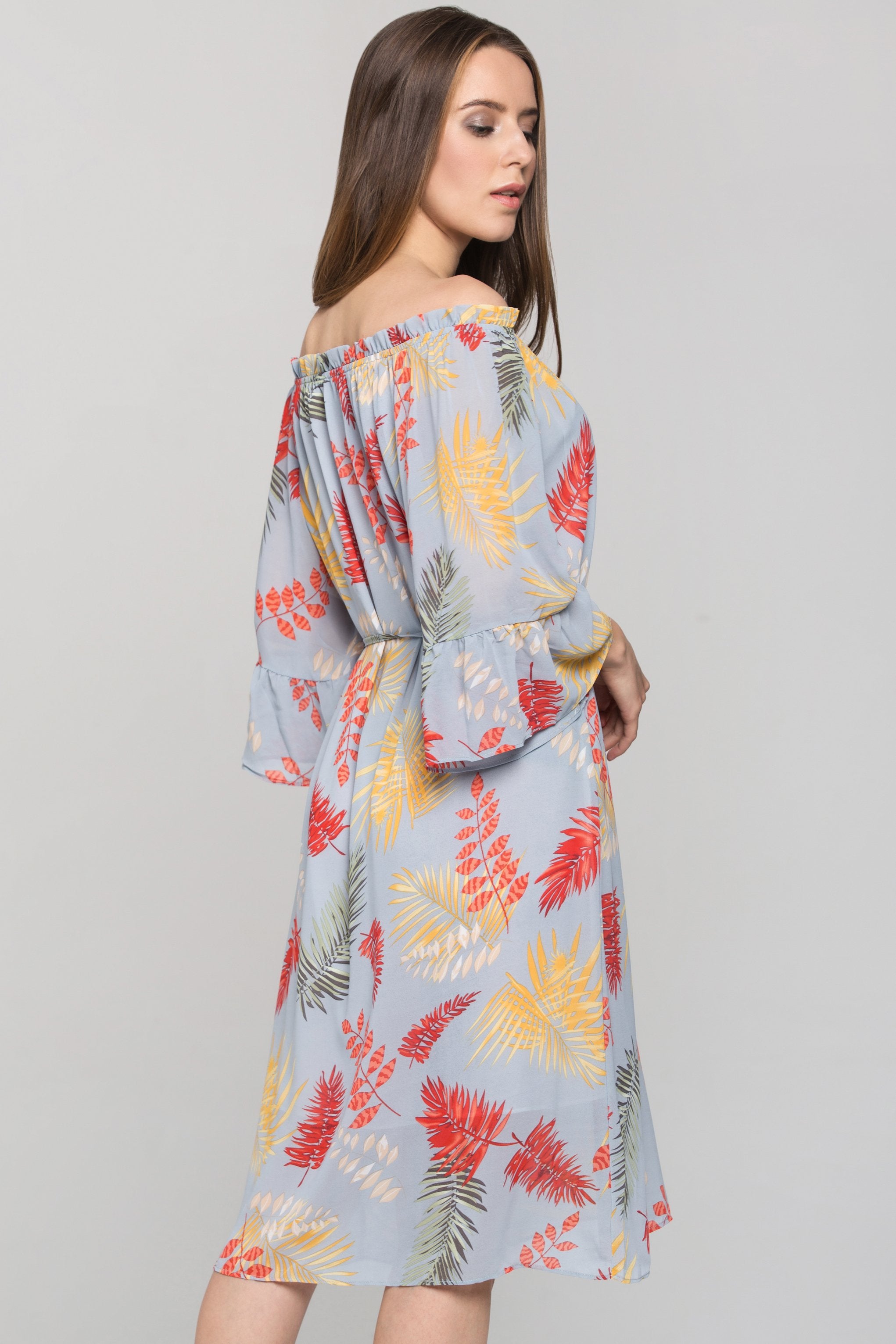 Blue Autumn Leaf Print Off the Shoulder Midi Dress - ownthelooks-Development