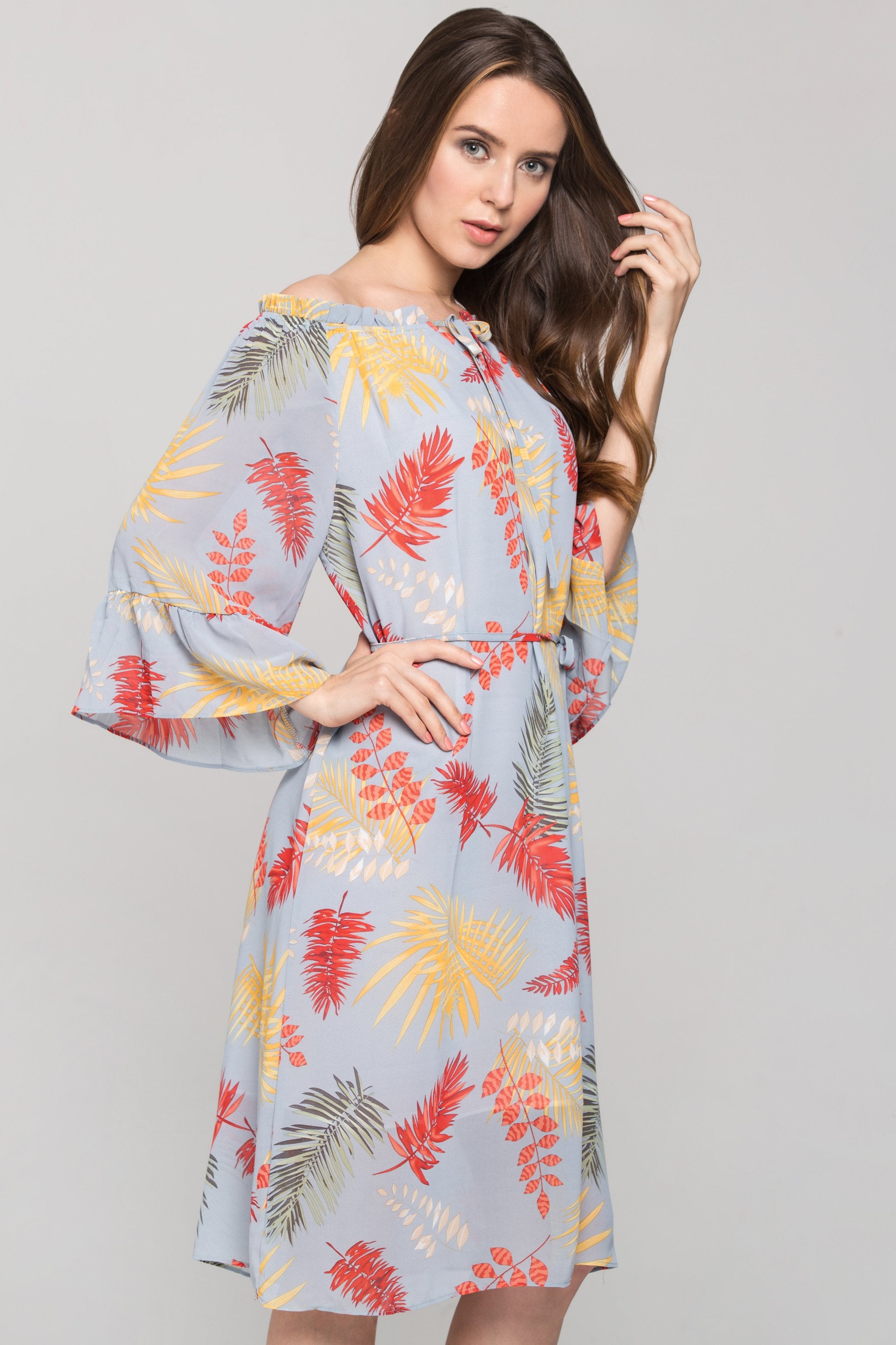 Blue Autumn Leaf Print Off the Shoulder Midi Dress - ownthelooks-Development