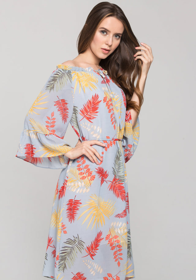 Blue Autumn Leaf Print Off the Shoulder Midi Dress - ownthelooks-Development