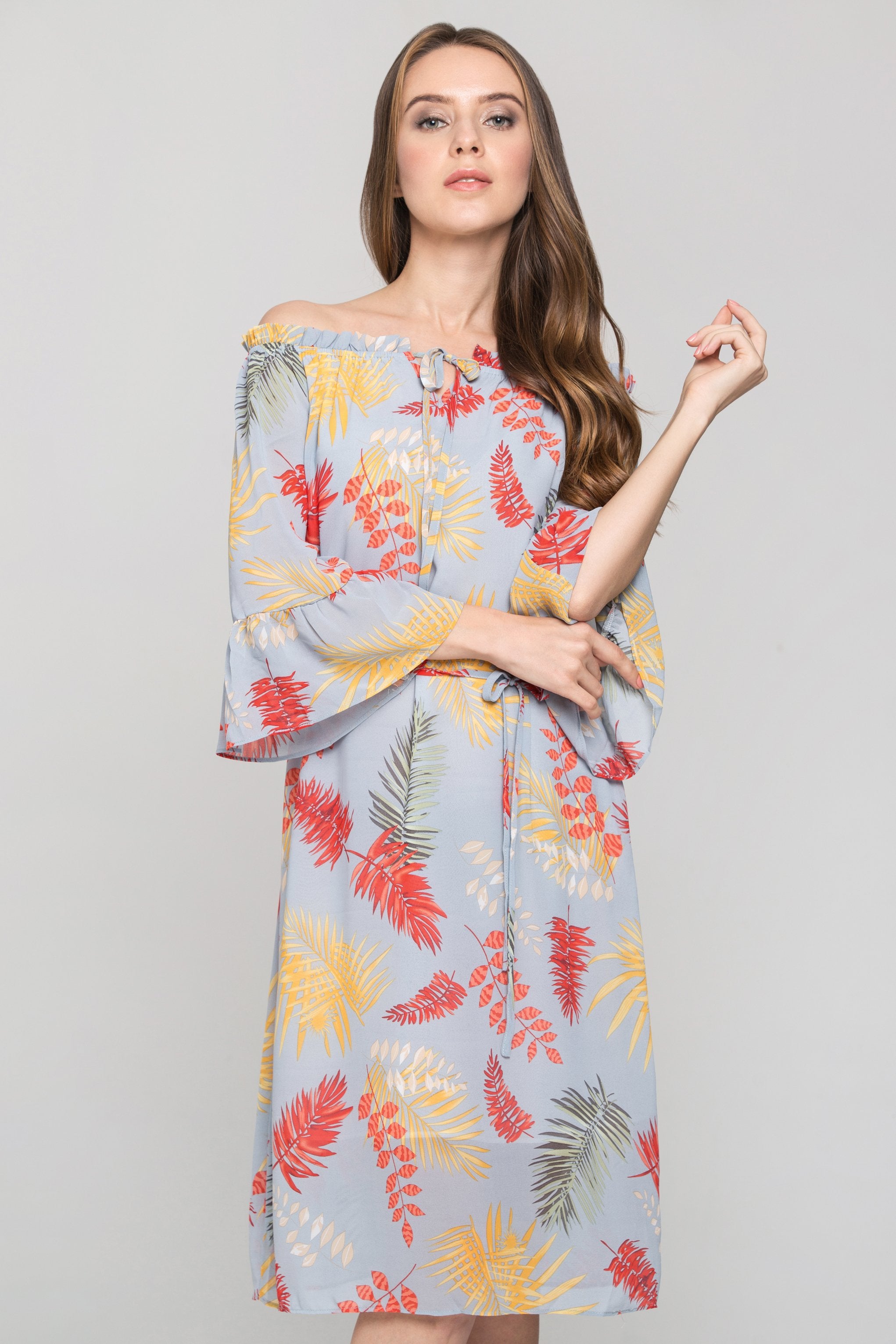 Blue Autumn Leaf Print Off the Shoulder Midi Dress - ownthelooks-Development