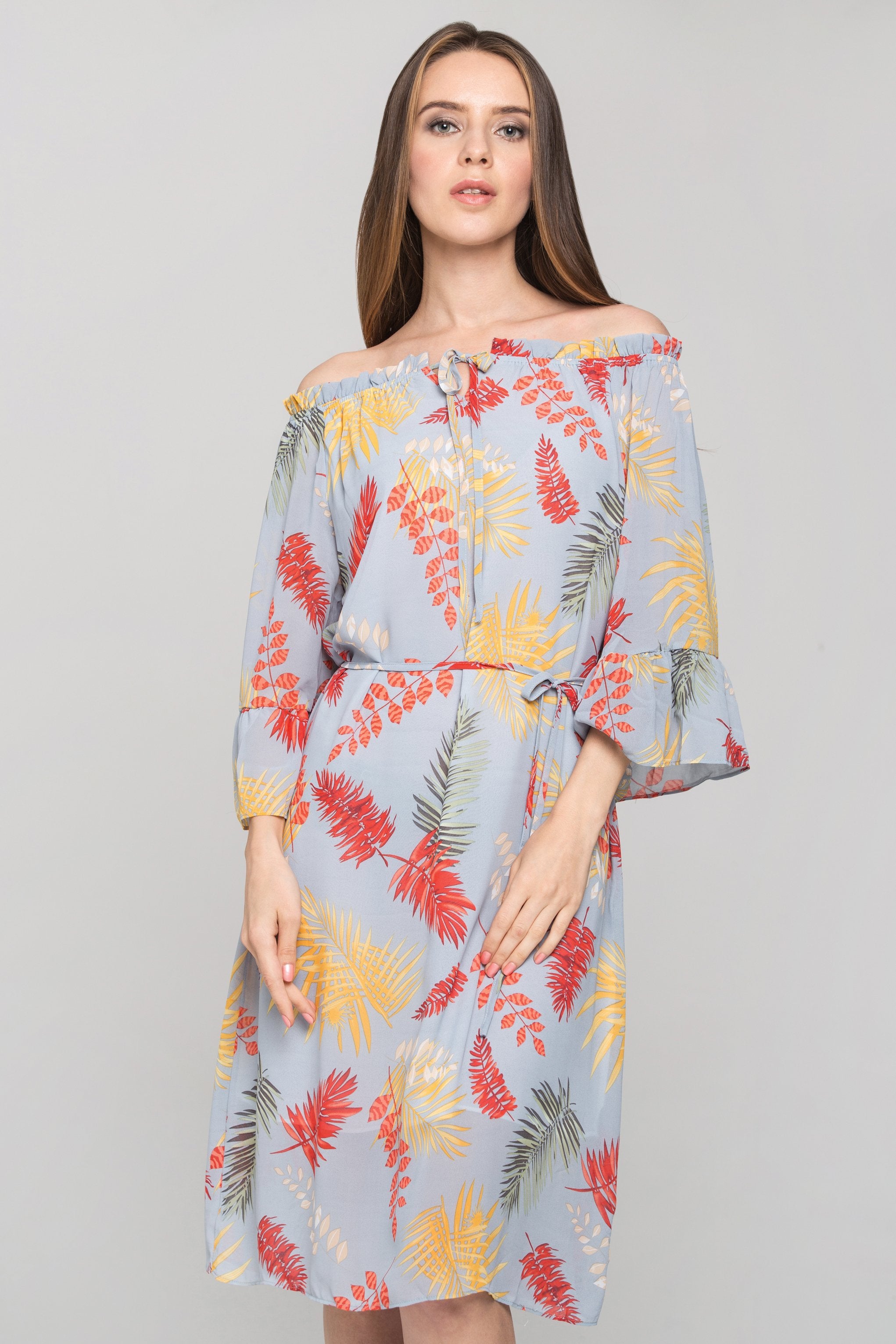 Blue Autumn Leaf Print Off the Shoulder Midi Dress - ownthelooks-Development