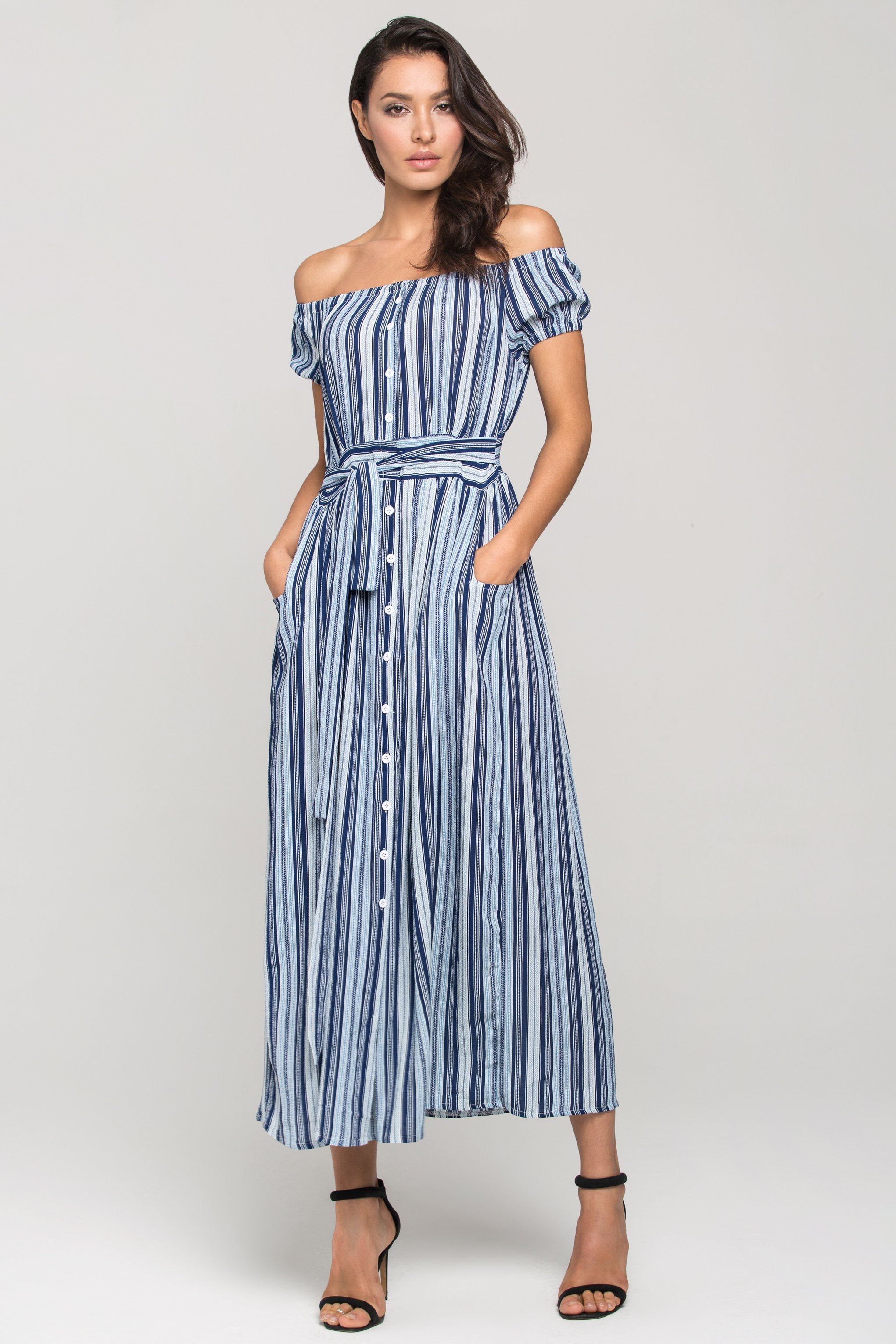 Blue Boho off the shoulder Shirt Midi Dress - ownthelooks-Development