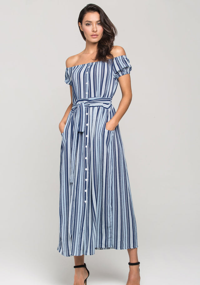 Blue Boho off the shoulder Shirt Midi Dress - ownthelooks-Development