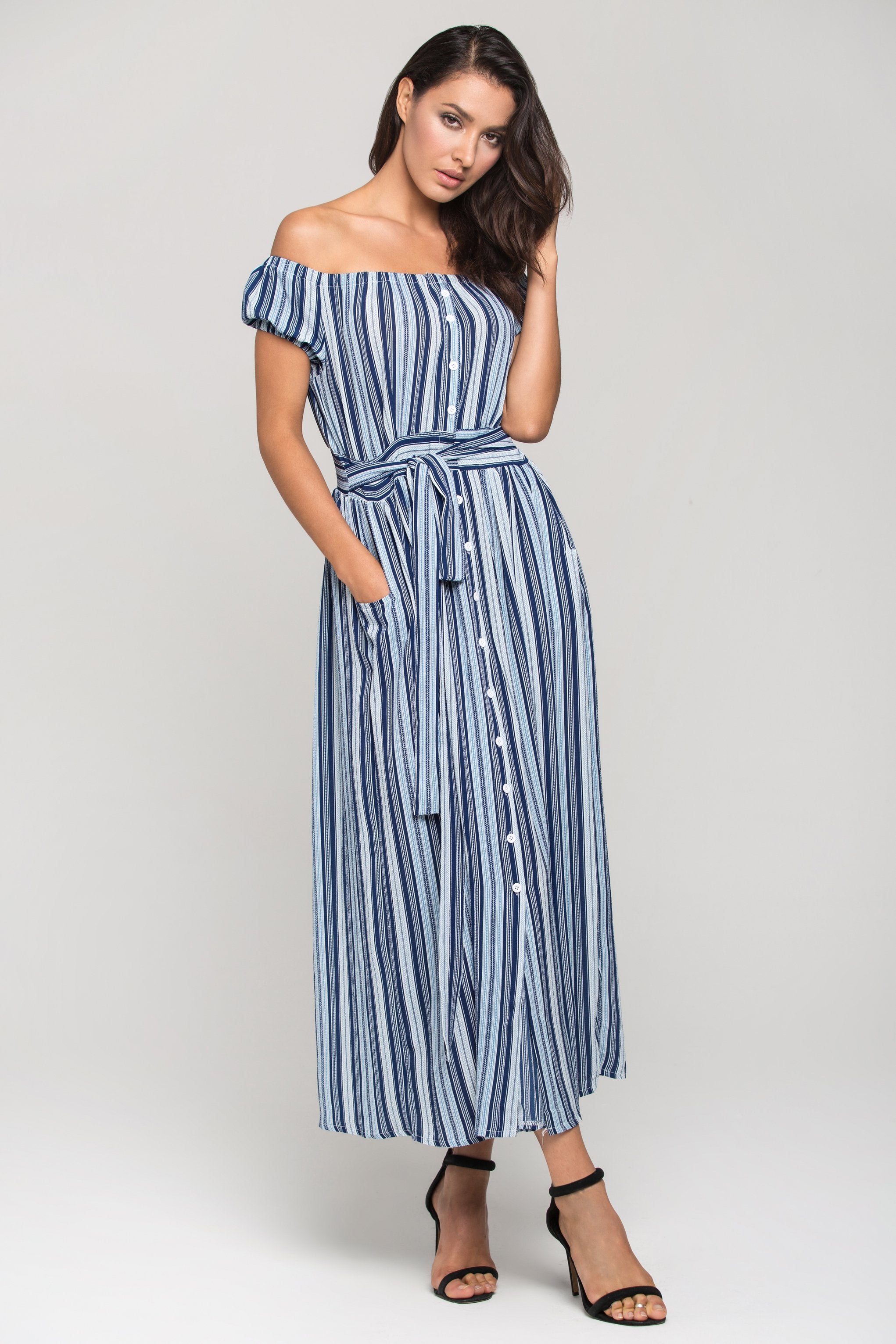 Blue Boho off the shoulder Shirt Midi Dress - ownthelooks-Development