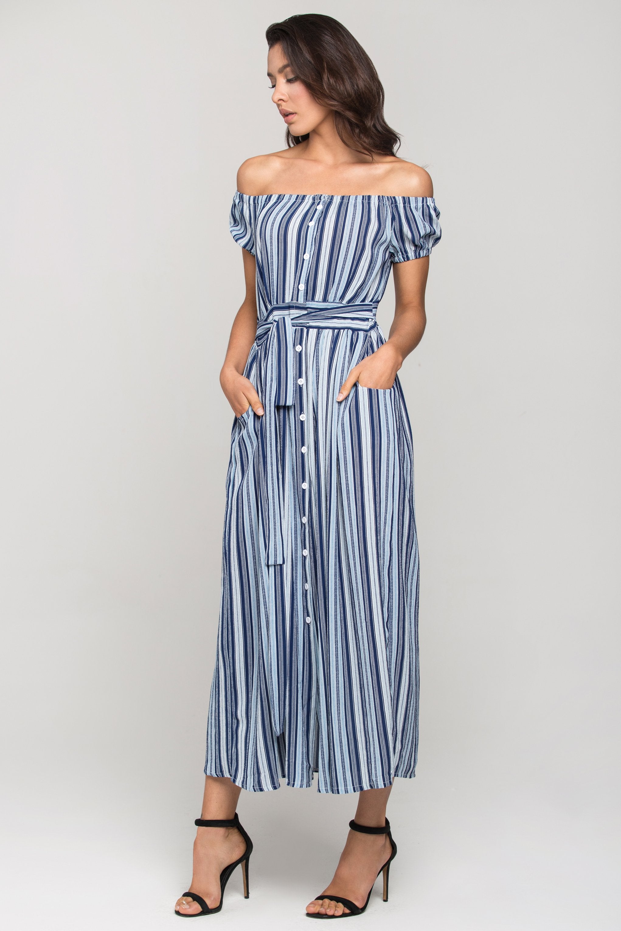 Blue Boho off the shoulder Shirt Midi Dress - ownthelooks-Development