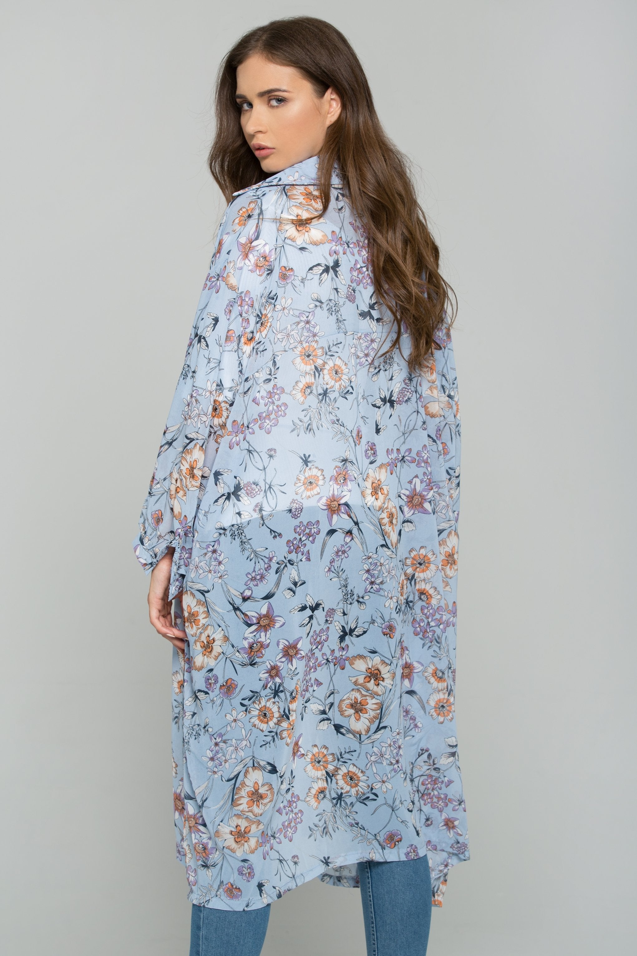 Blue Chiffon Floral Print Hijab Long Sleeved Shirt - ownthelooks-Development