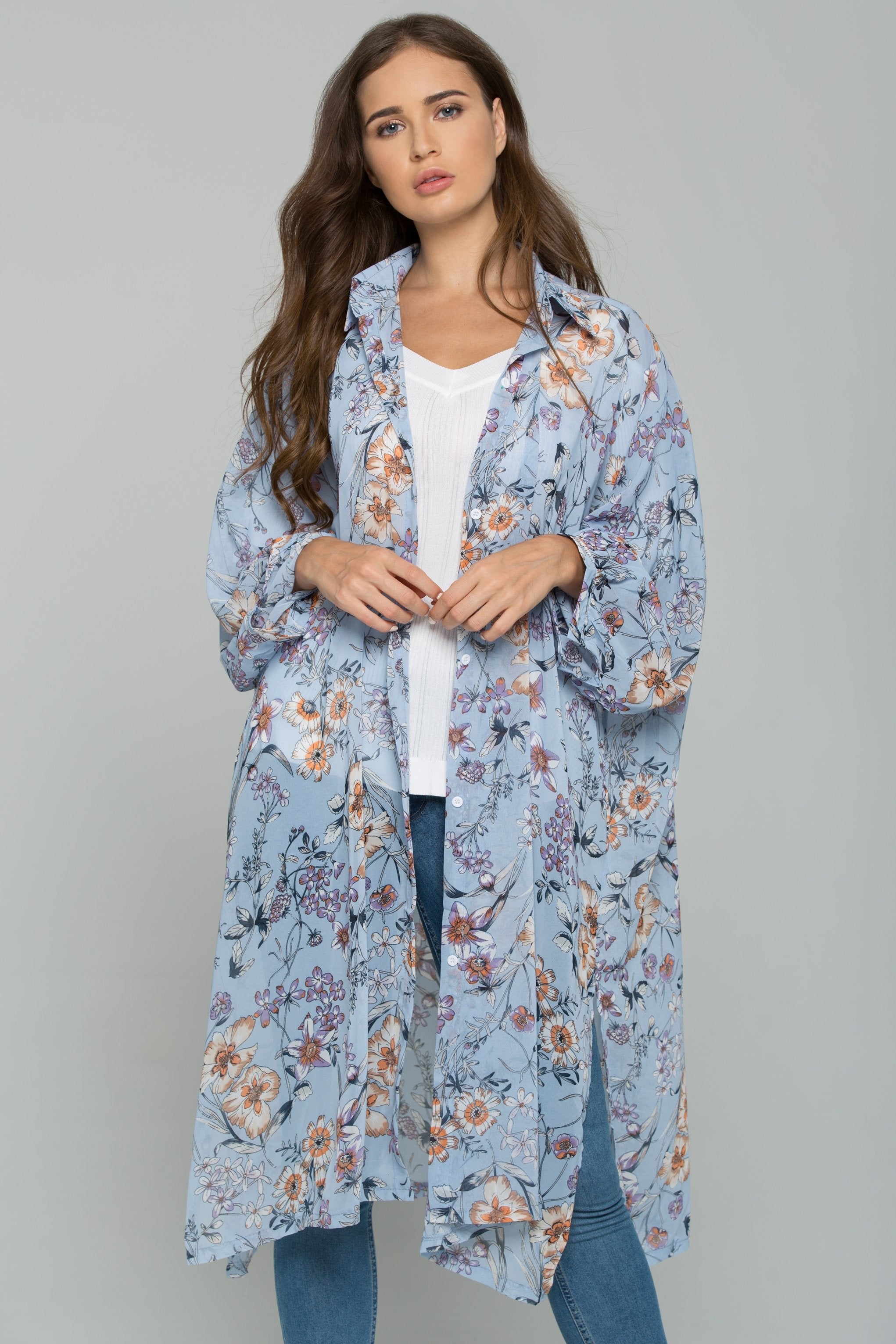 Blue Chiffon Floral Print Hijab Long Sleeved Shirt - ownthelooks-Development