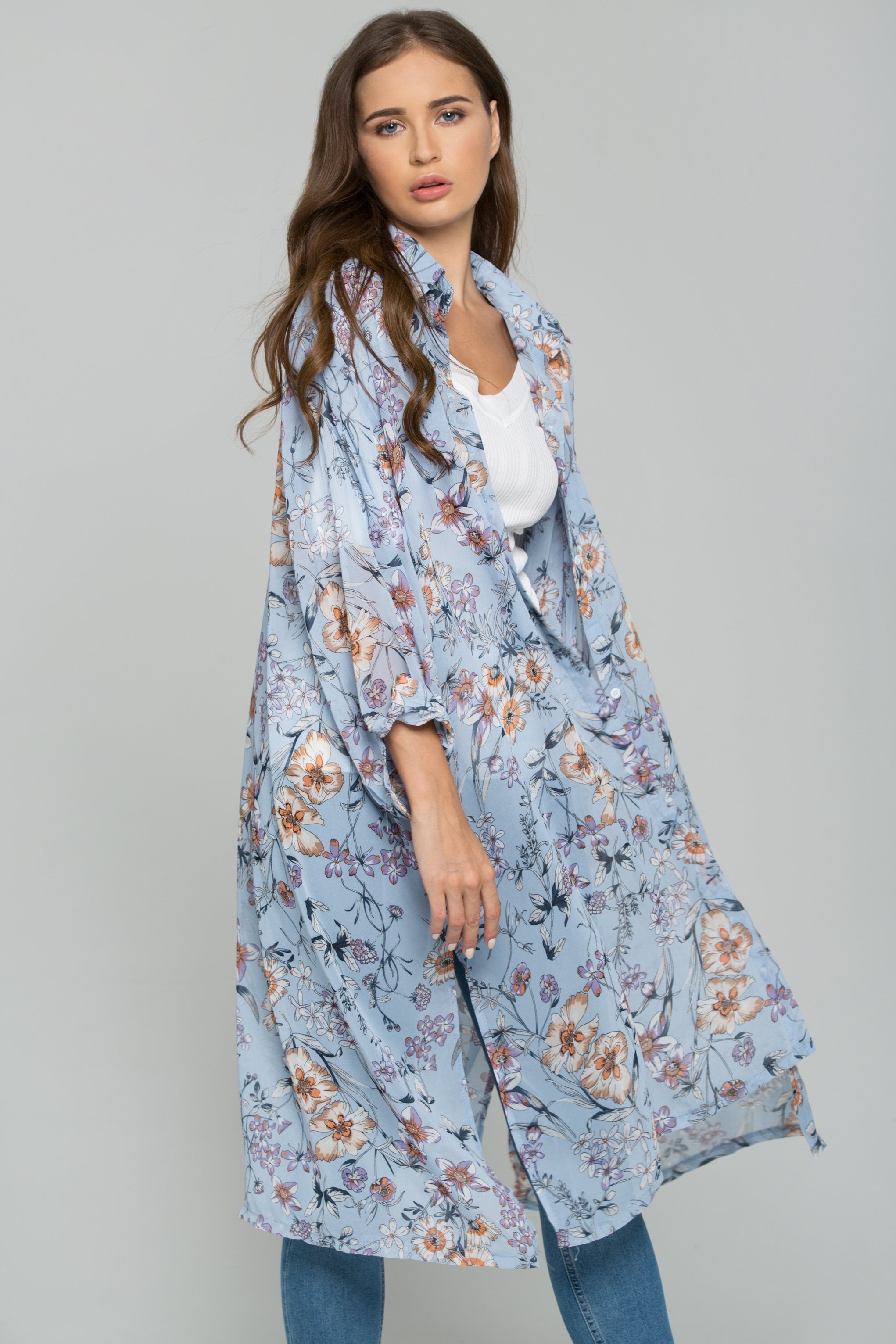 Blue Chiffon Floral Print Hijab Long Sleeved Shirt - ownthelooks-Development