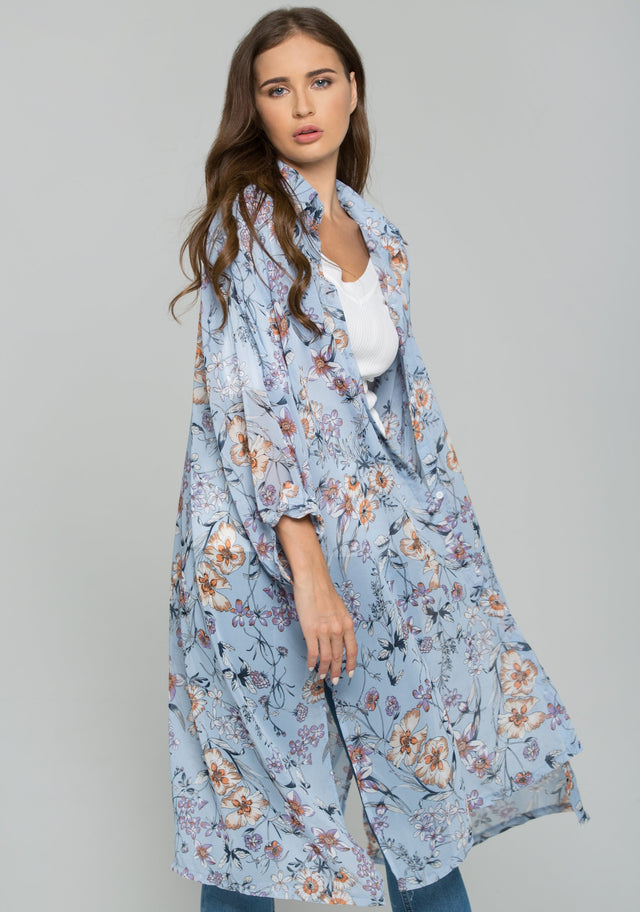 Blue Chiffon Floral Print Hijab Long Sleeved Shirt - ownthelooks-Development