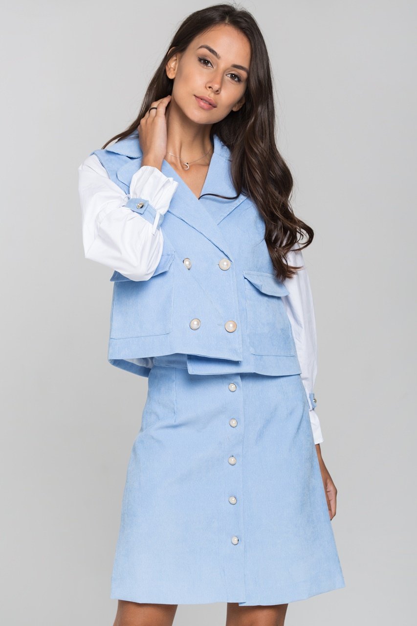 Blue Chord and White Sleeves Blazer and Skirt Set - ownthelooks-Development