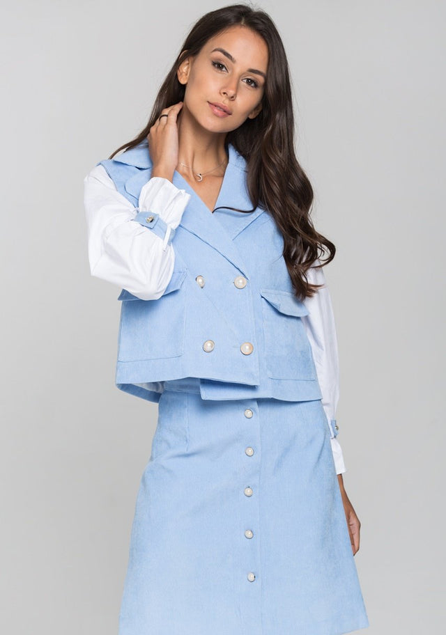 Blue Chord and White Sleeves Blazer and Skirt Set - ownthelooks-Development
