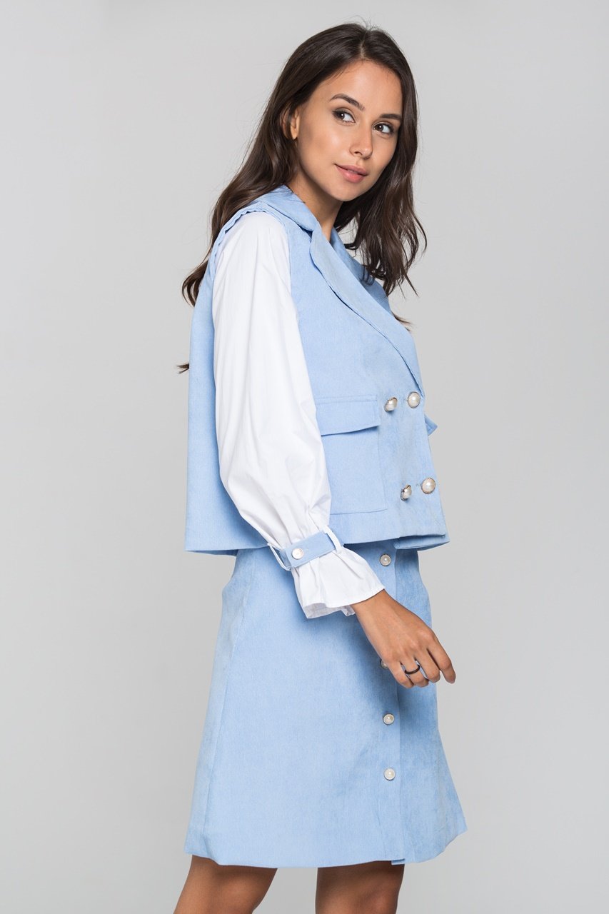 Blue Chord and White Sleeves Blazer and Skirt Set - ownthelooks-Development
