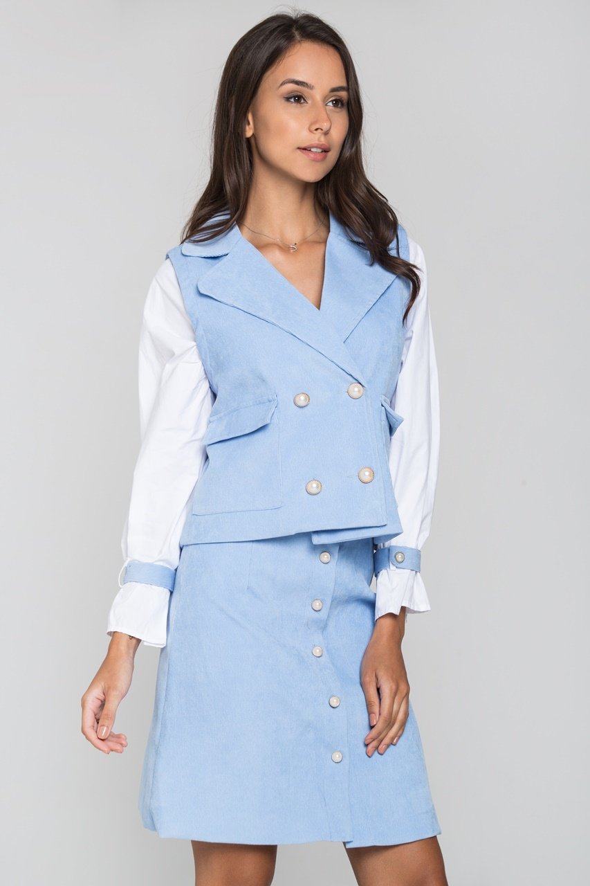 Blue Chord and White Sleeves Blazer and Skirt Set - ownthelooks-Development