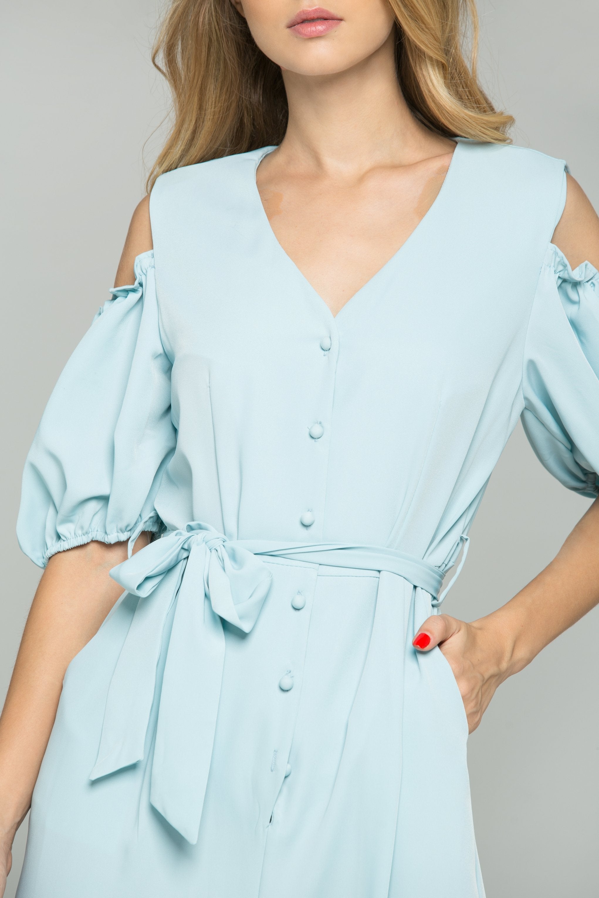 Mint Green Cotton V-Neck Cold Shoulder Cinched Midi Dress - ownthelooks-Development