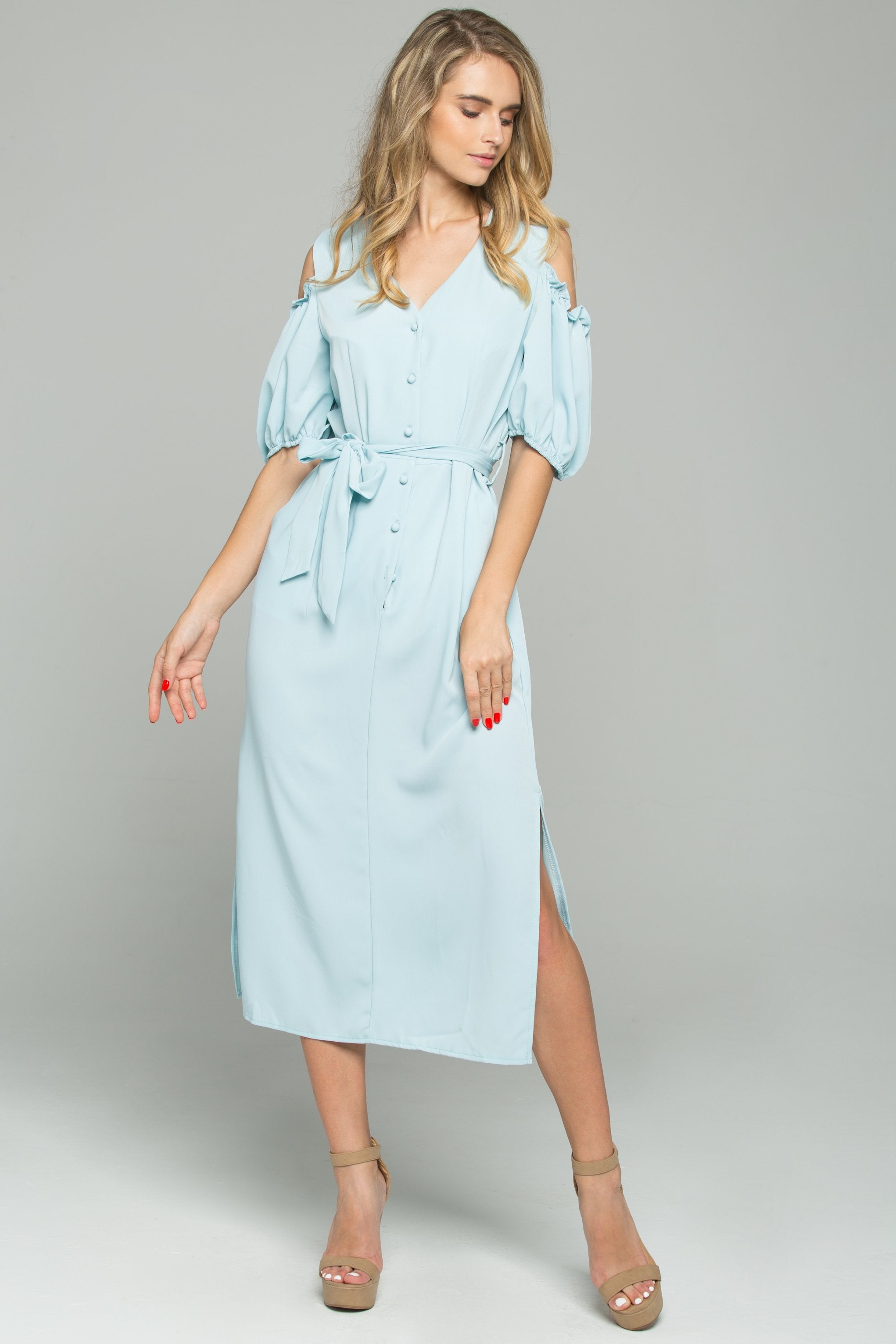 Mint Green Cotton V-Neck Cold Shoulder Cinched Midi Dress - ownthelooks-Development