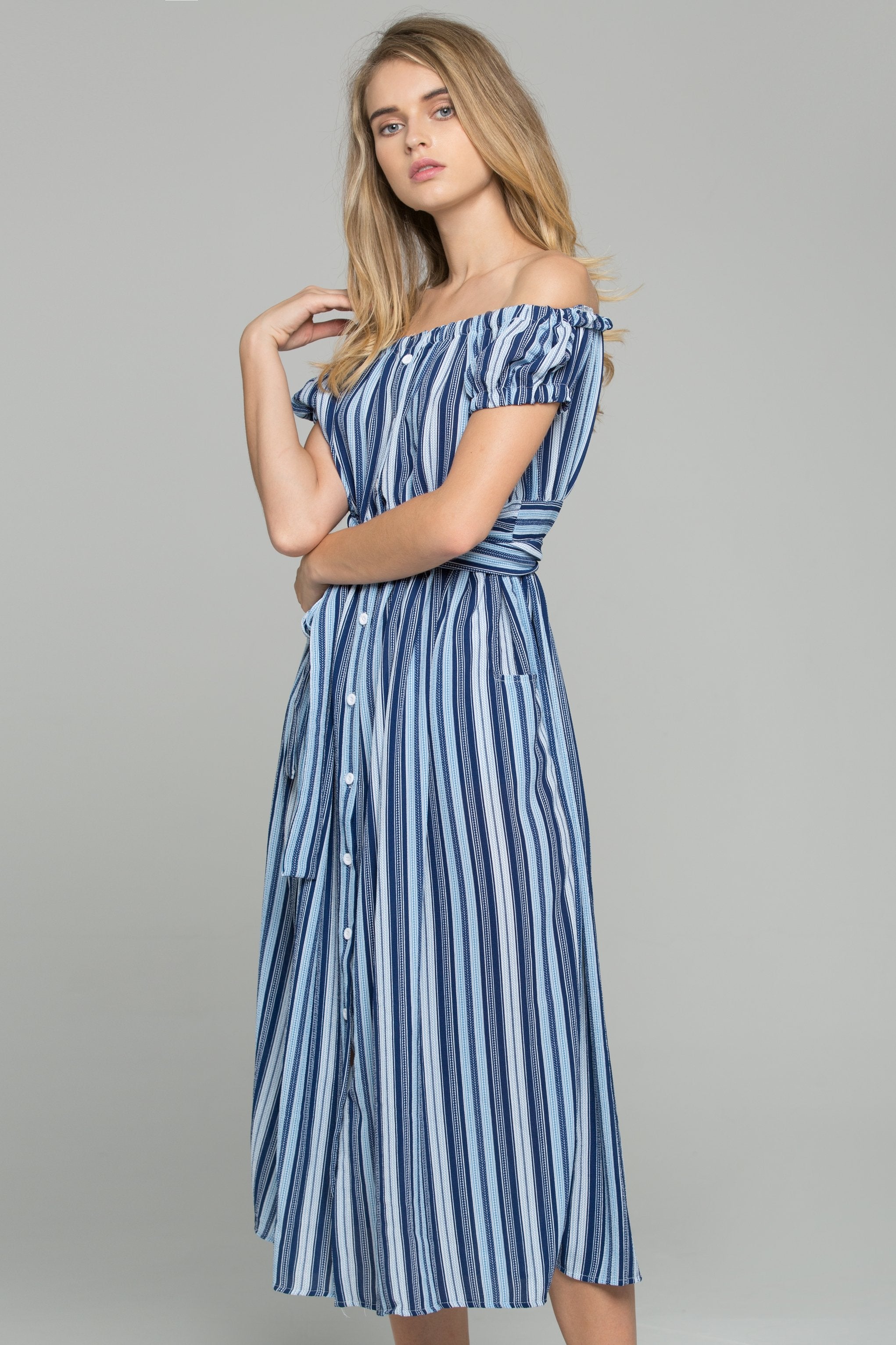 Blue Crepe Stripe Print Off-The-Shoulder Maxi Dress - ownthelooks-Development