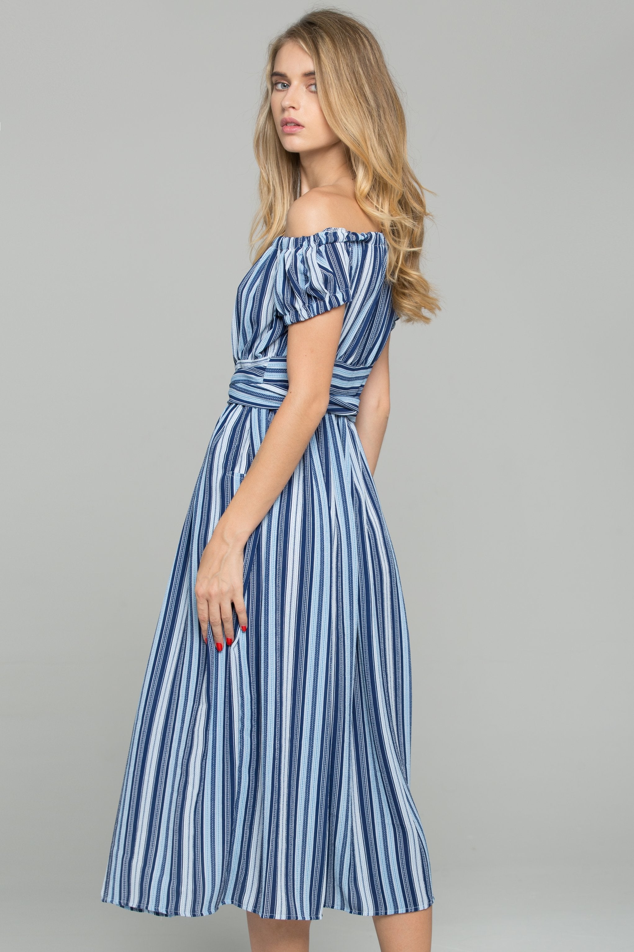 Blue Crepe Stripe Print Off-The-Shoulder Maxi Dress - ownthelooks-Development