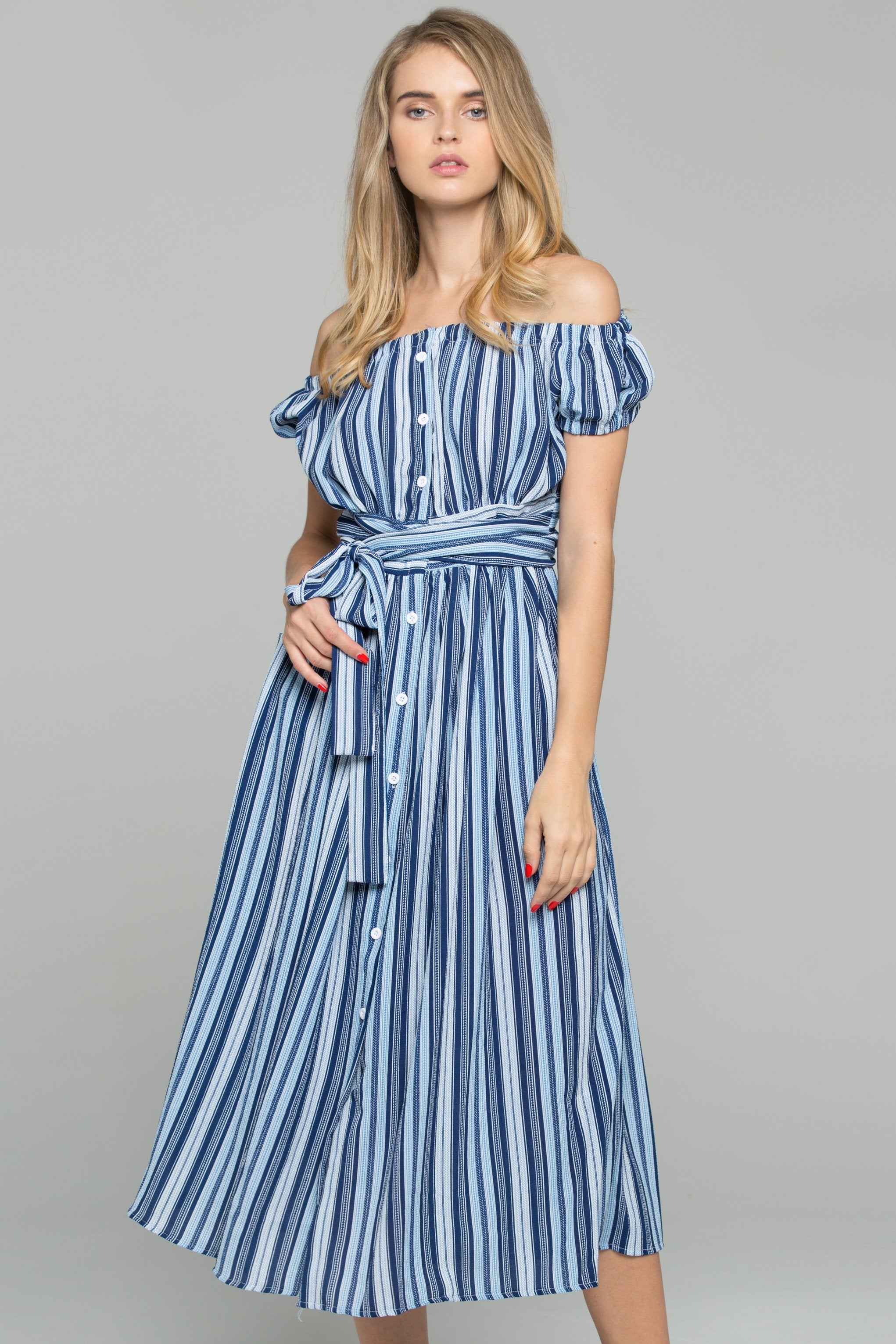 Blue Crepe Stripe Print Off-The-Shoulder Maxi Dress - ownthelooks-Development