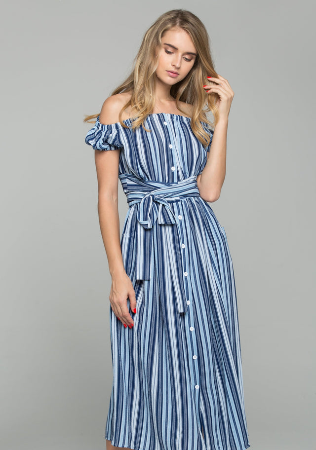 Blue Crepe Stripe Print Off-The-Shoulder Maxi Dress - ownthelooks-Development