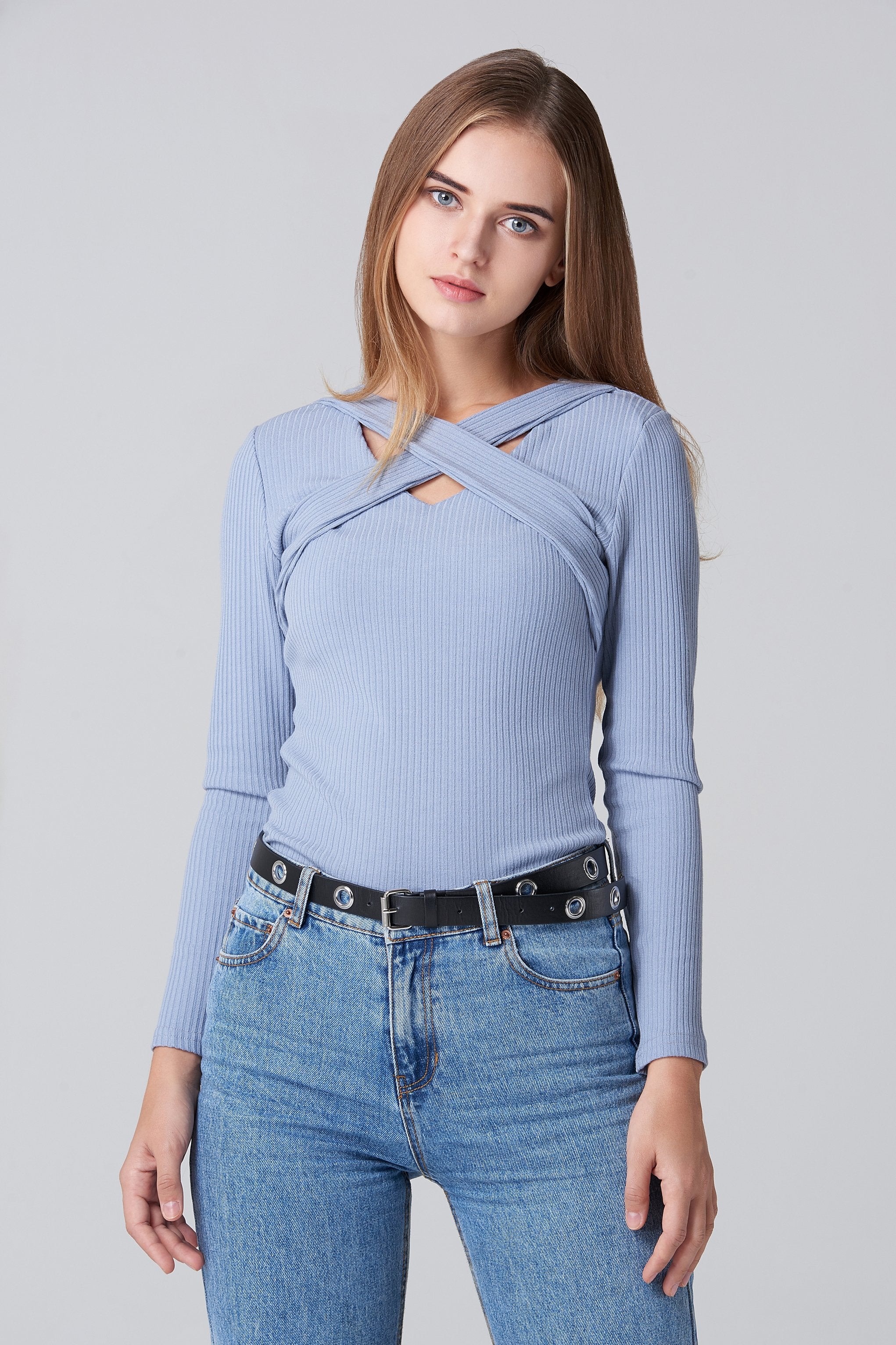 Blue Cross Body Sleeved Top - ownthelooks-Development