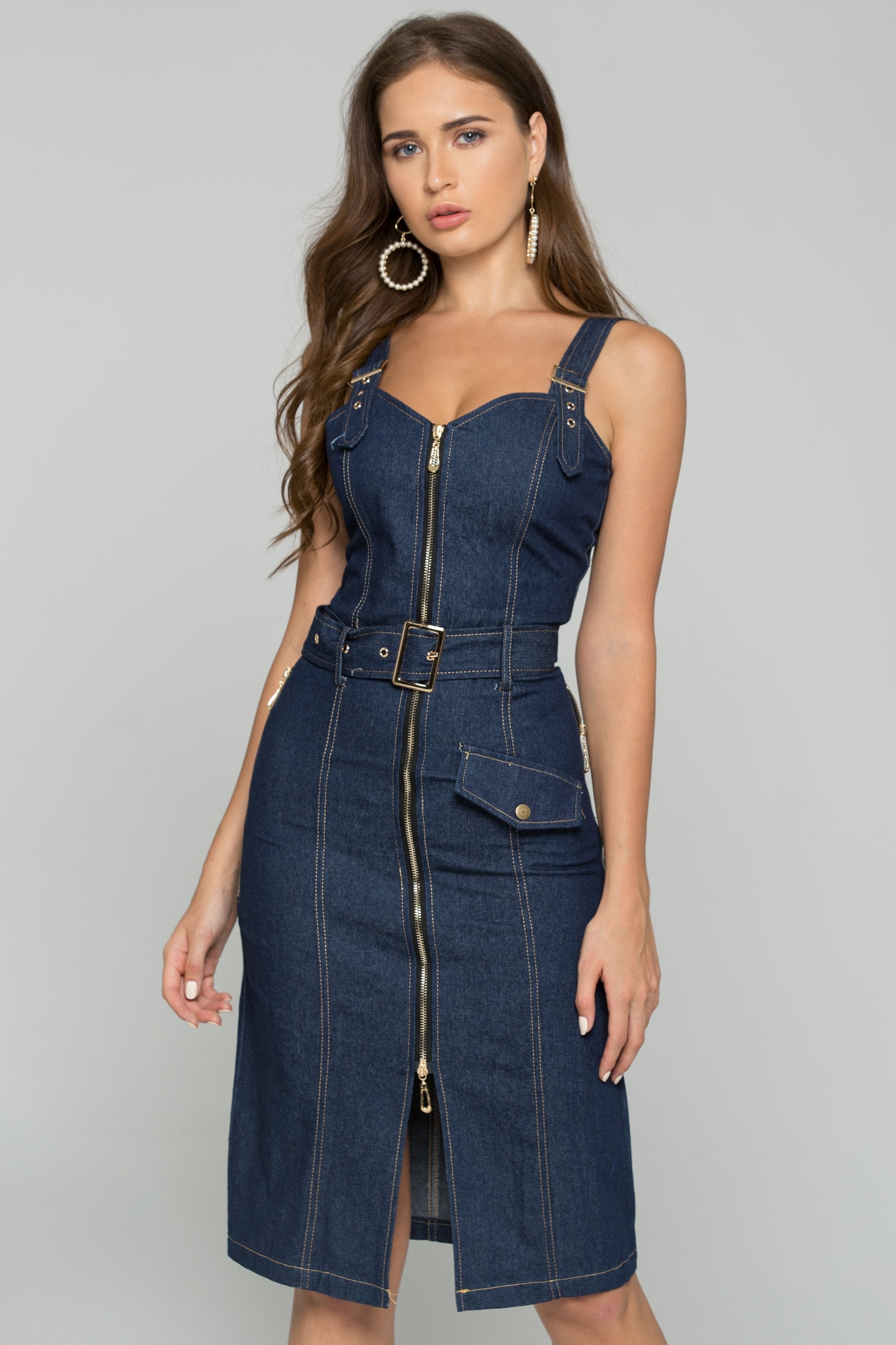 Blue Denim Belt Strap Front Zipper Sundress - ownthelooks-Development