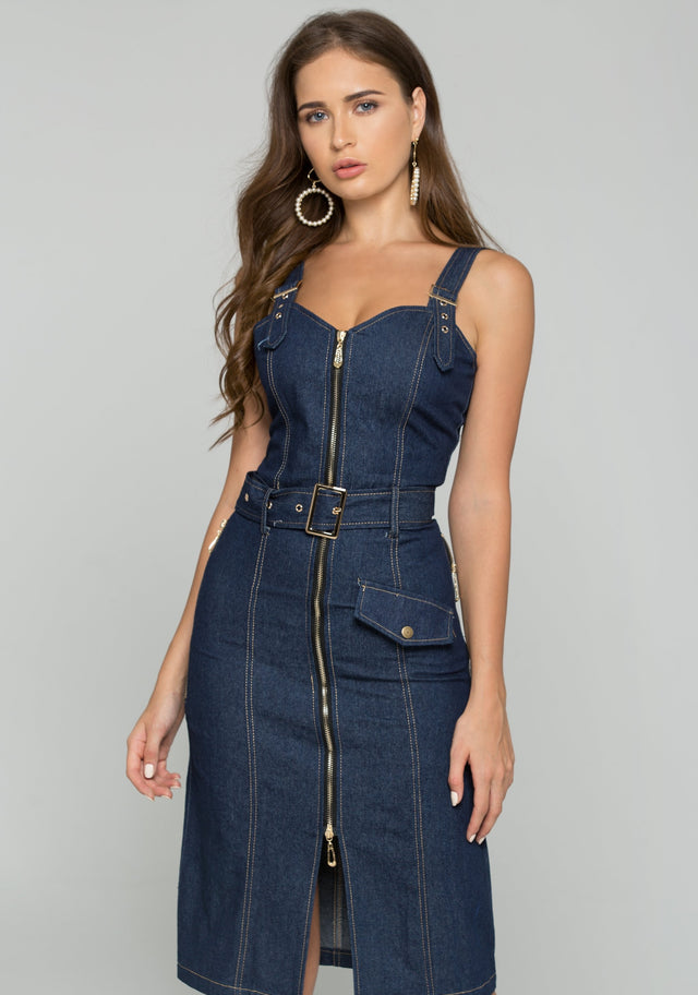 Blue Denim Belt Strap Front Zipper Sundress - ownthelooks-Development