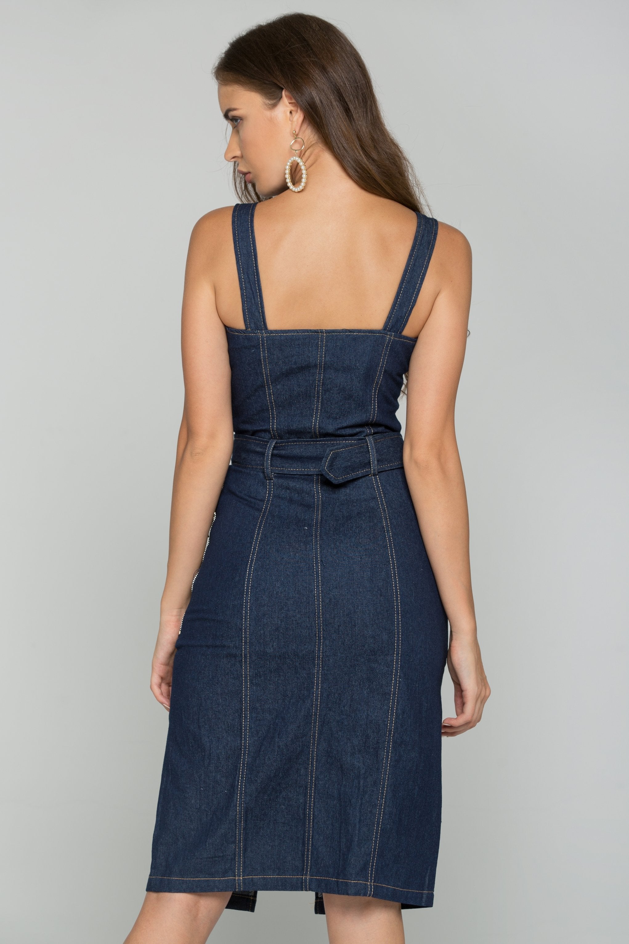 Blue Denim Belt Strap Front Zipper Sundress - ownthelooks-Development