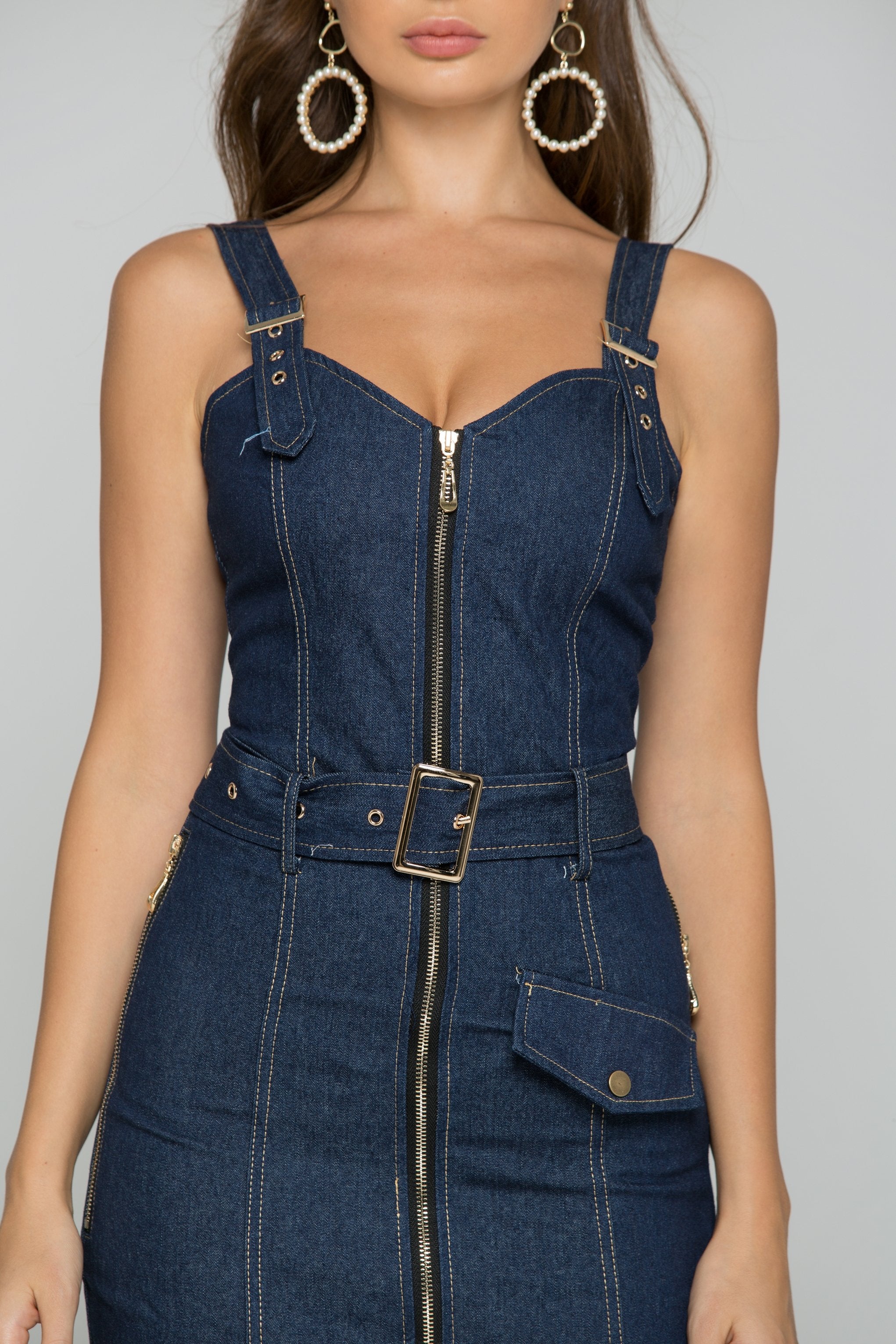 Blue Denim Belt Strap Front Zipper Sundress - ownthelooks-Development