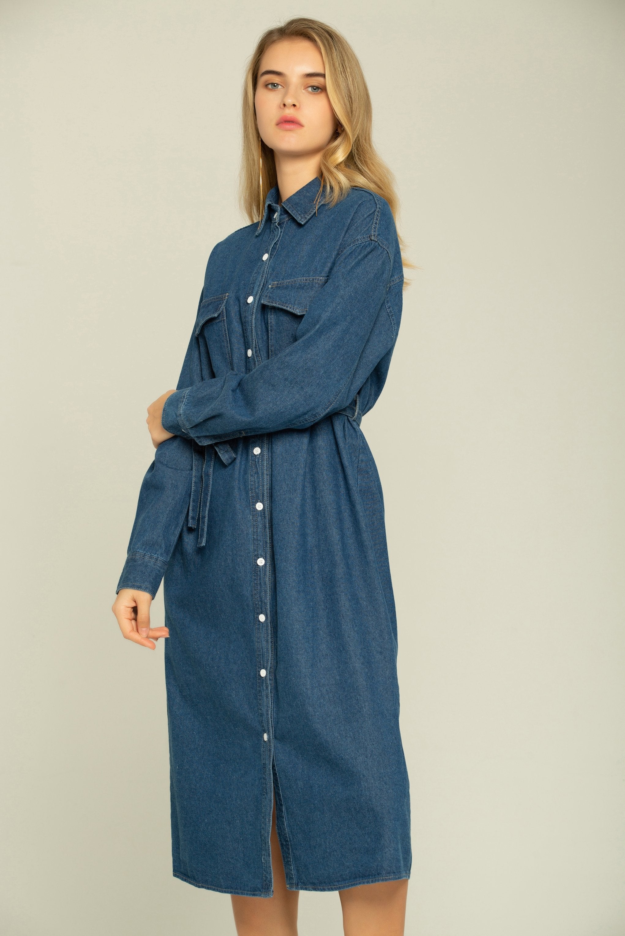 Blue Denim Button-up Maxi Dress - ownthelooks-Development