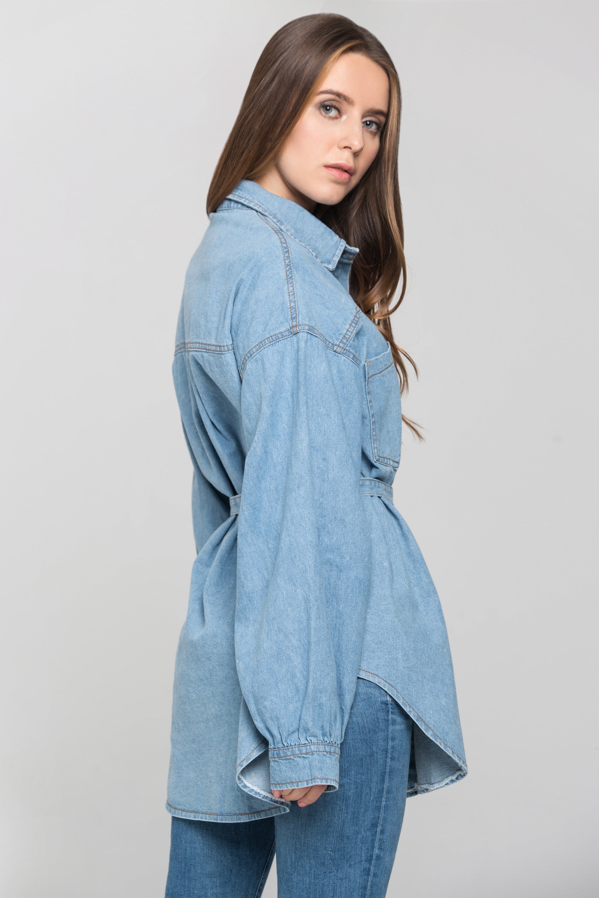 Blue Denim Drop Shoulder Shirt Top - ownthelooks-Development