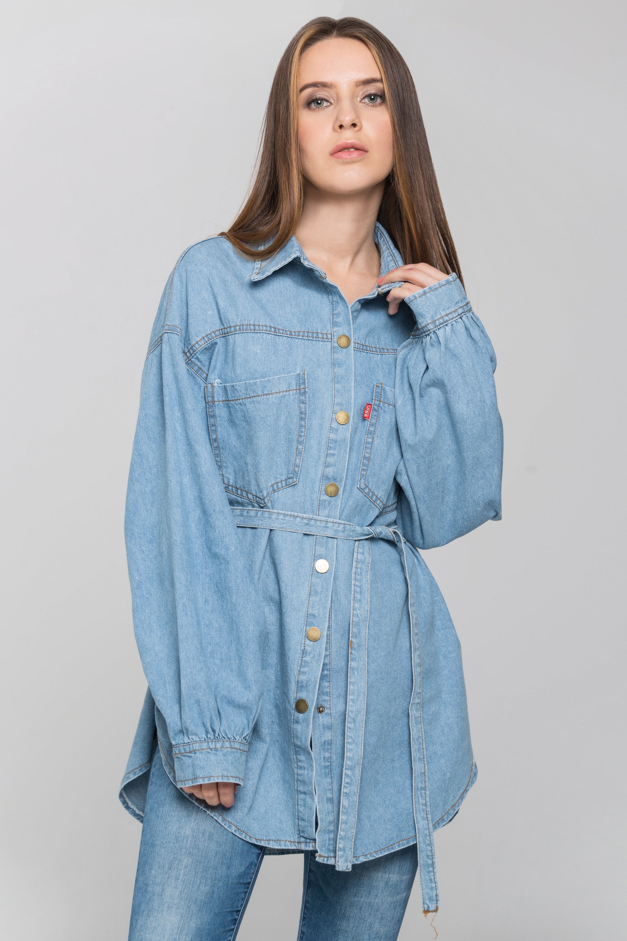 Blue Denim Drop Shoulder Shirt Top - ownthelooks-Development