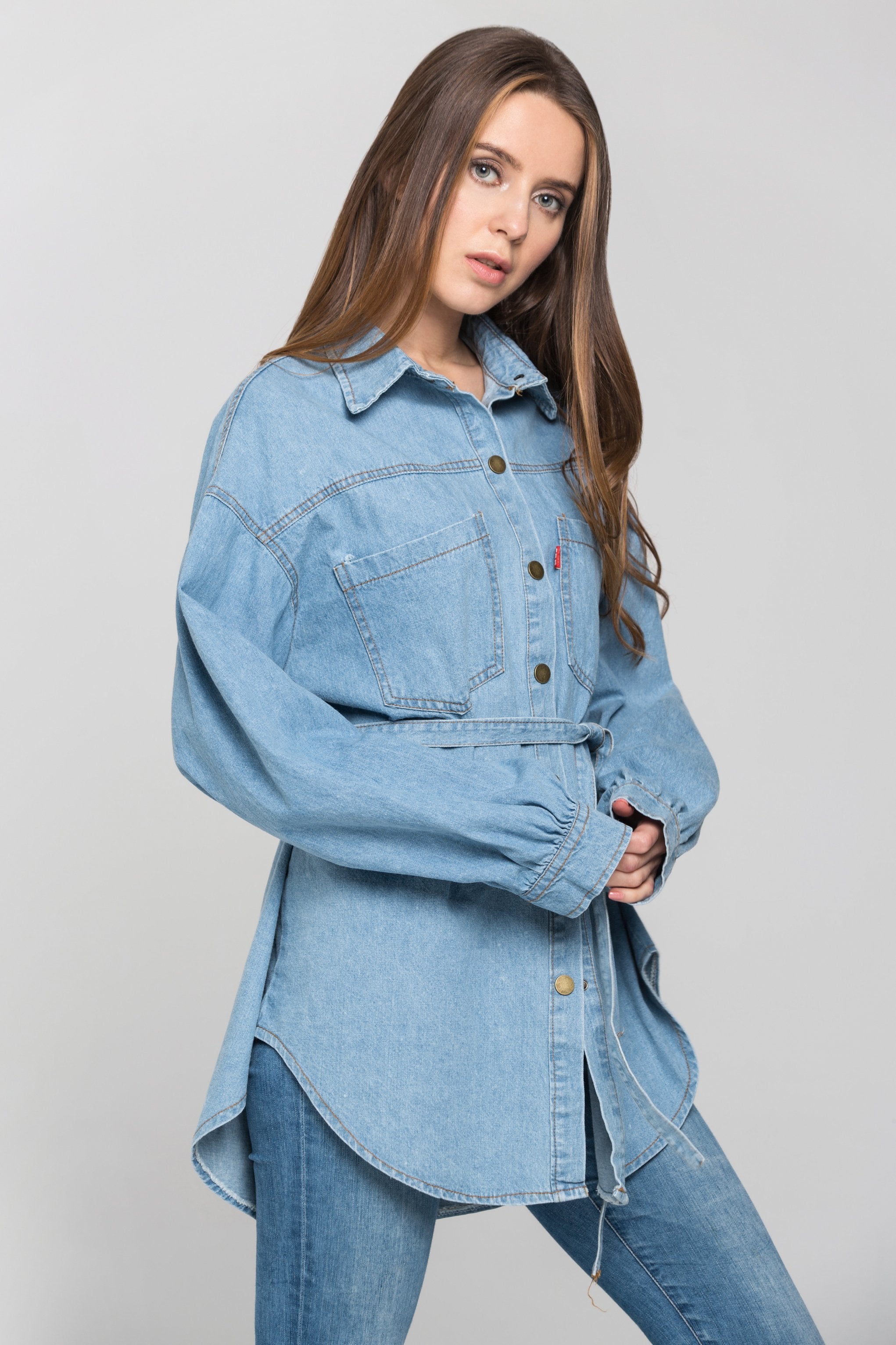 Blue Denim Drop Shoulder Shirt Top - ownthelooks-Development