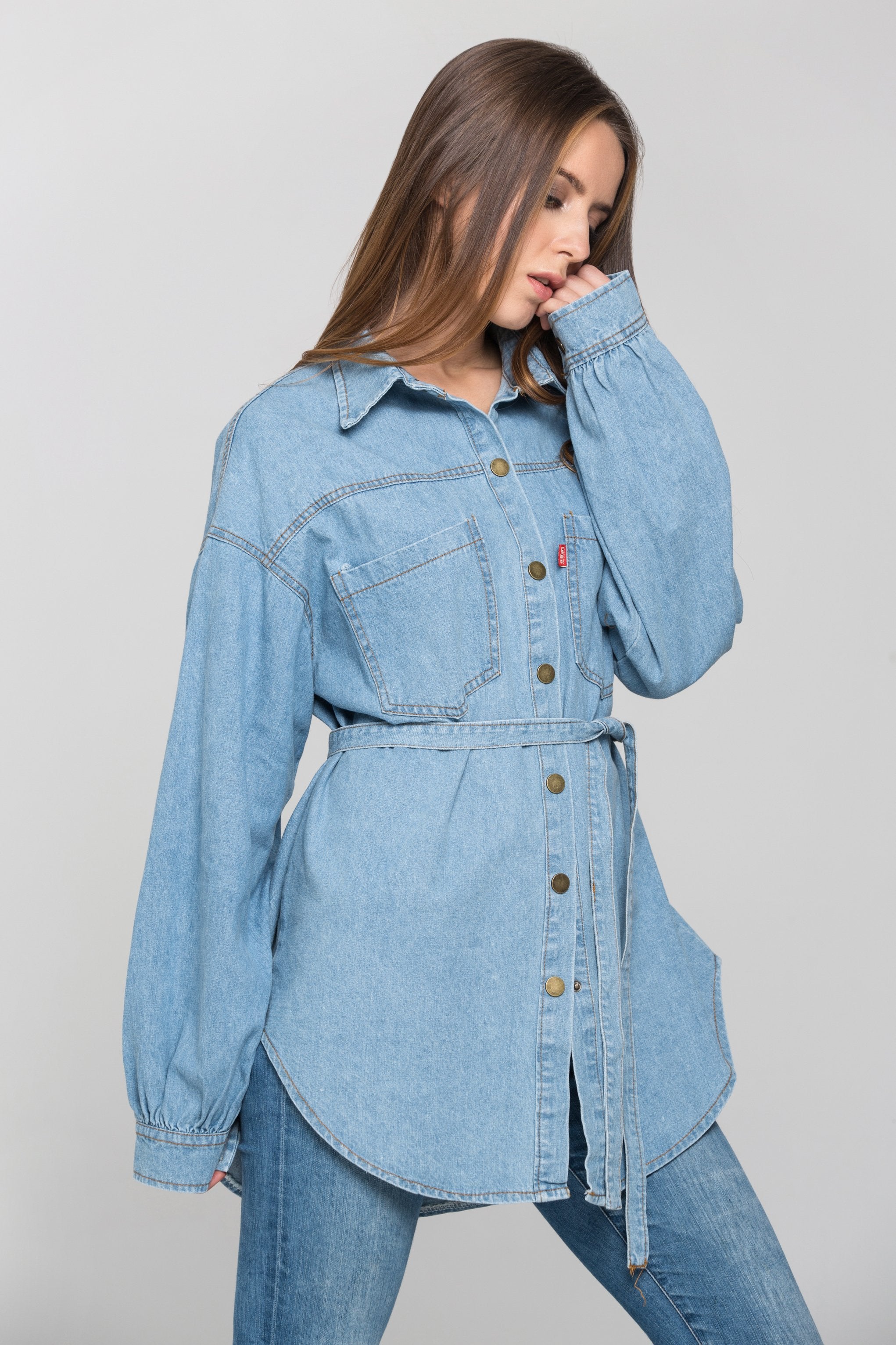 Blue Denim Drop Shoulder Shirt Top - ownthelooks-Development
