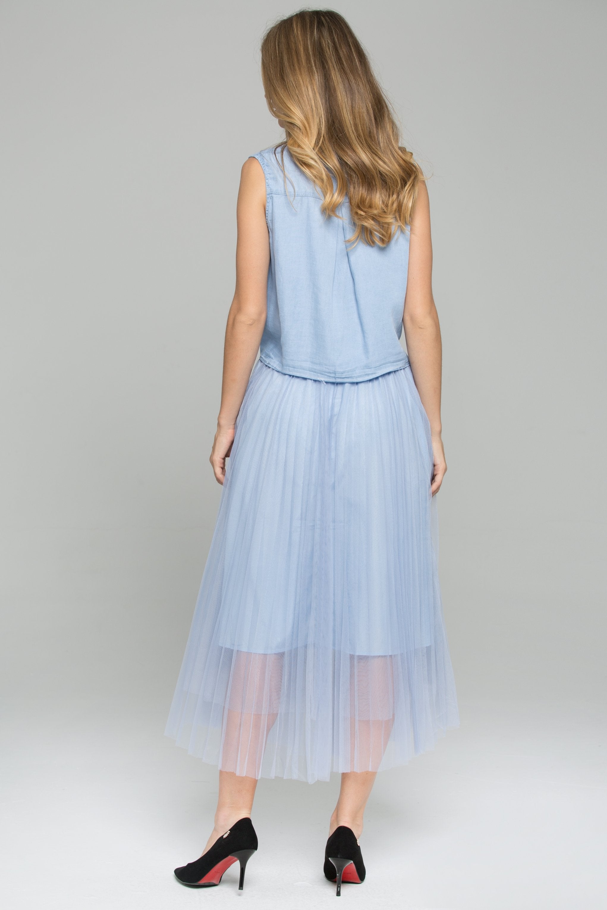 Blue Denim Front Tie Mesh Double Layer Pleated Midi Set - ownthelooks-Development
