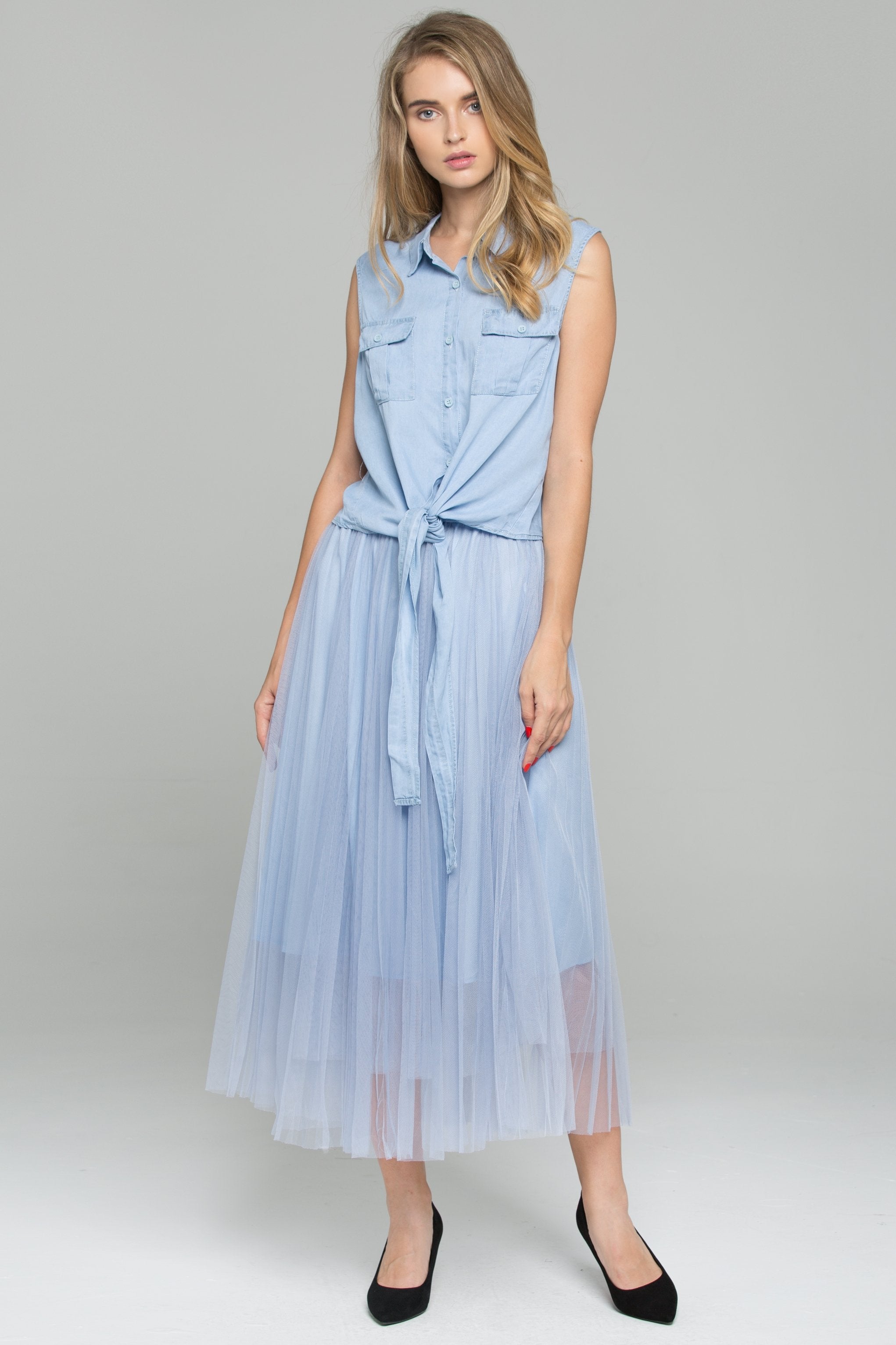 Blue Denim Front Tie Mesh Double Layer Pleated Midi Set - ownthelooks-Development