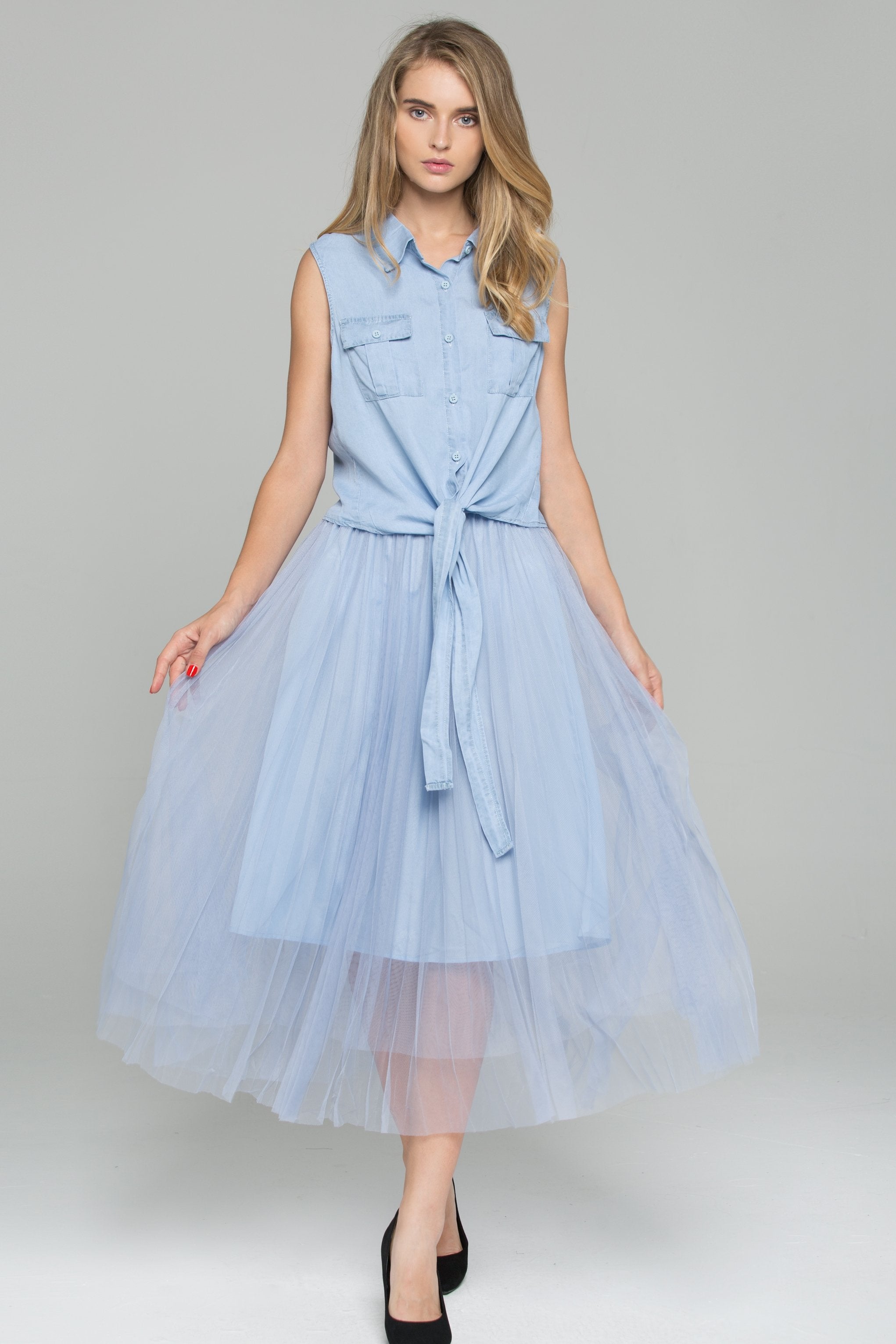 Blue Denim Front Tie Mesh Double Layer Pleated Midi Set - ownthelooks-Development